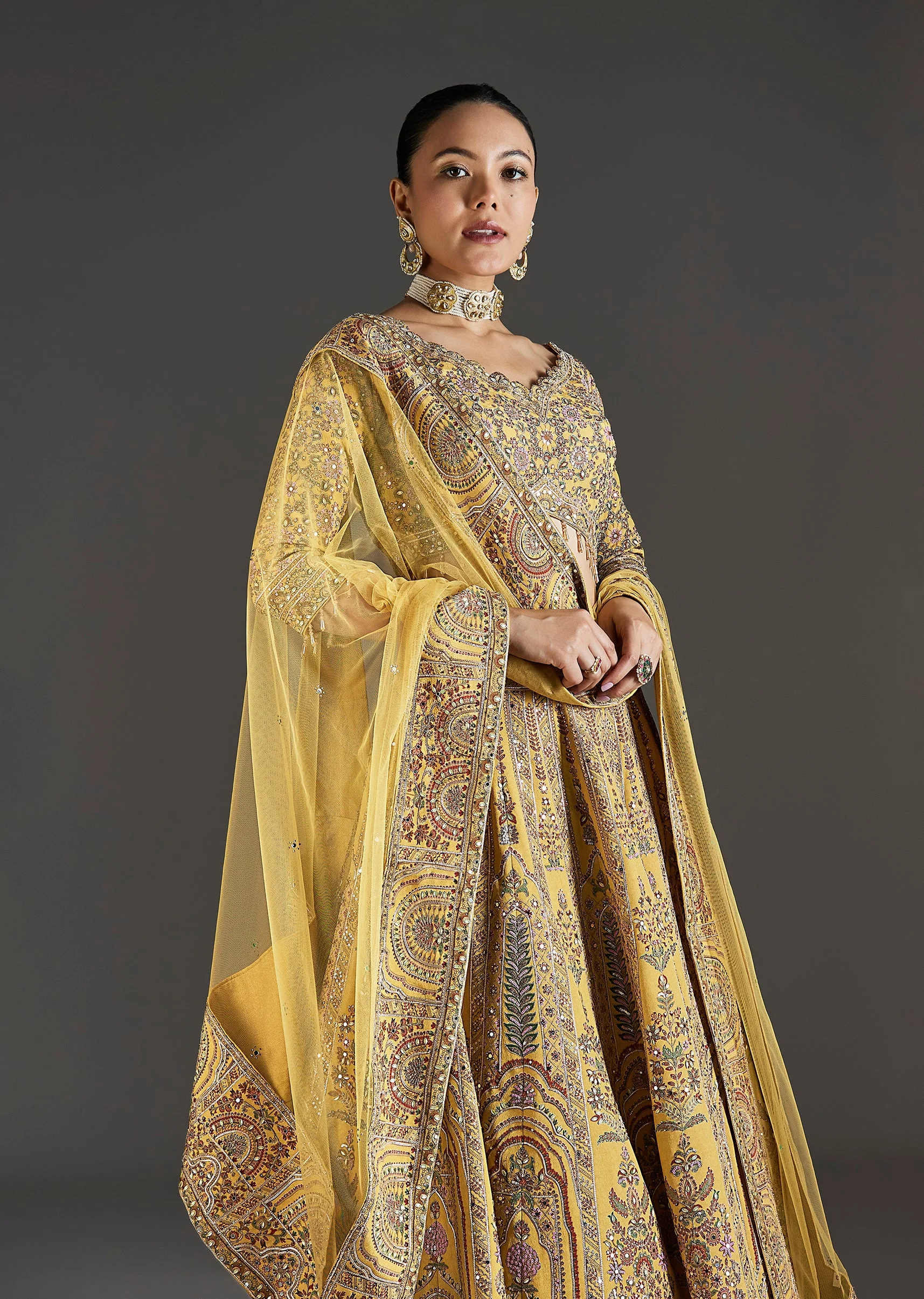 Yellow Printed Lehenga With Sequins Glow - Image 5