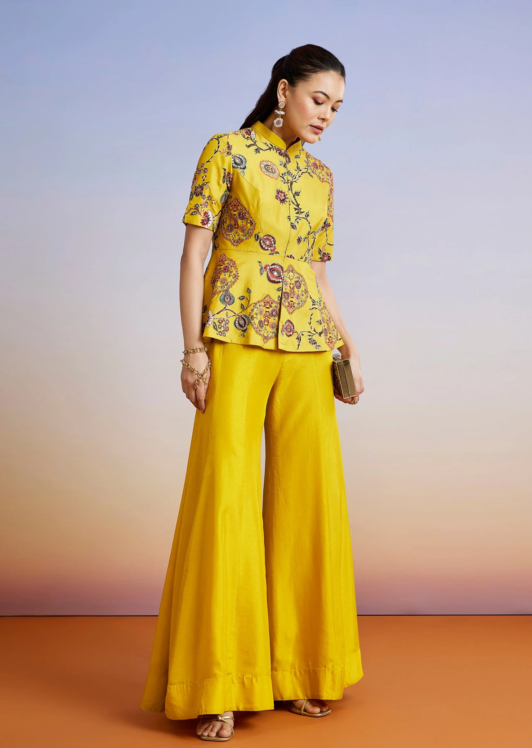Yellow Printed Peplum Palazzo Set - Image 3