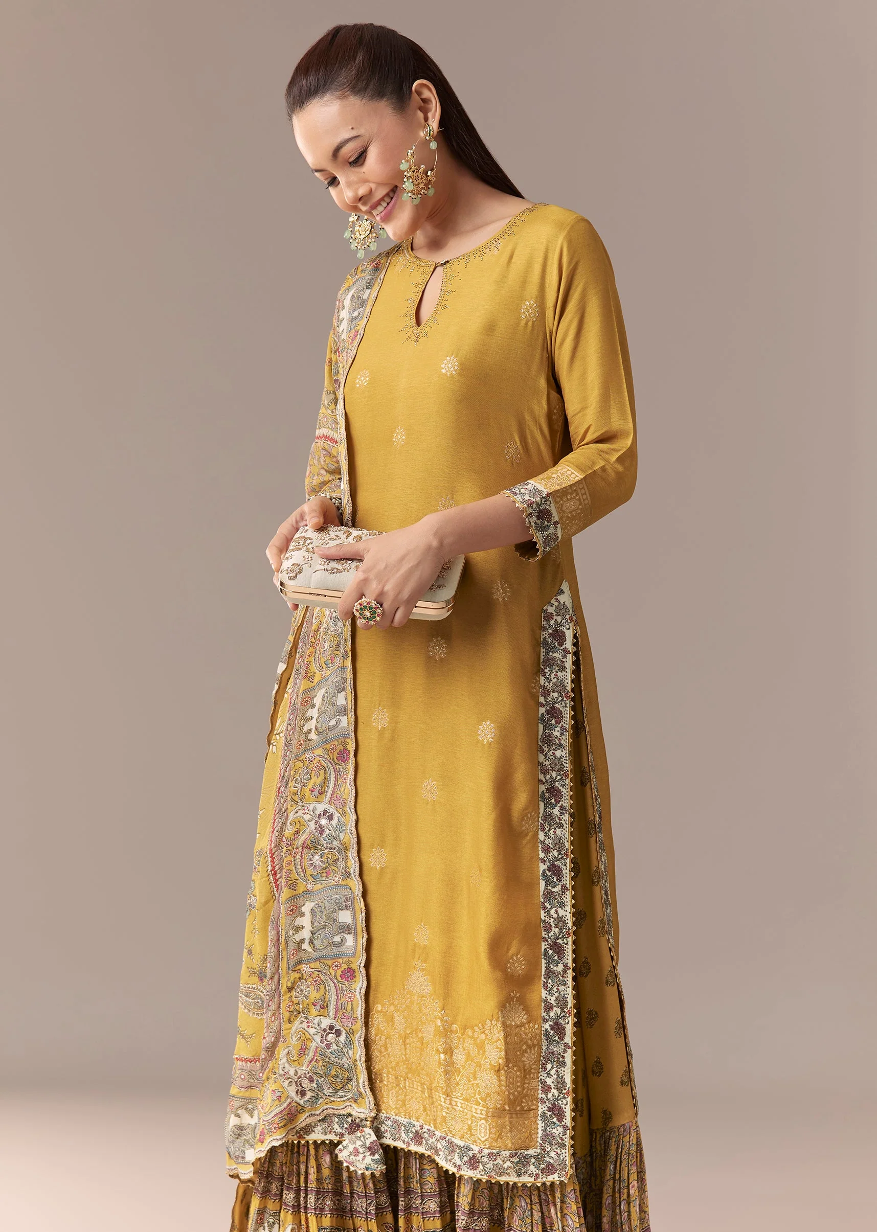Yellow Printed Sharara Suit Set With Dupatta - Image 4