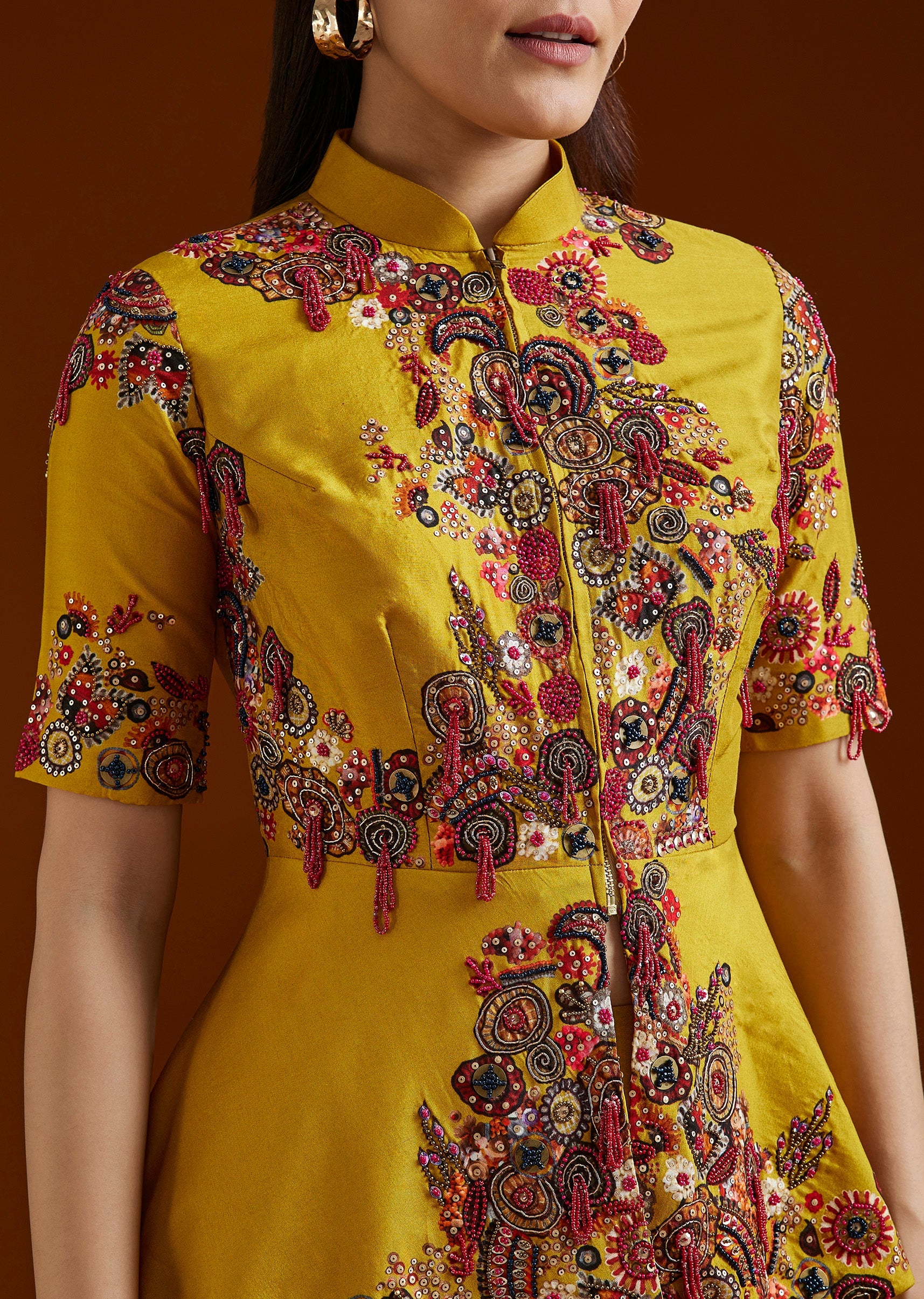 Yellow Printed Silk Blend Peplum Palazzo Set - Image 2