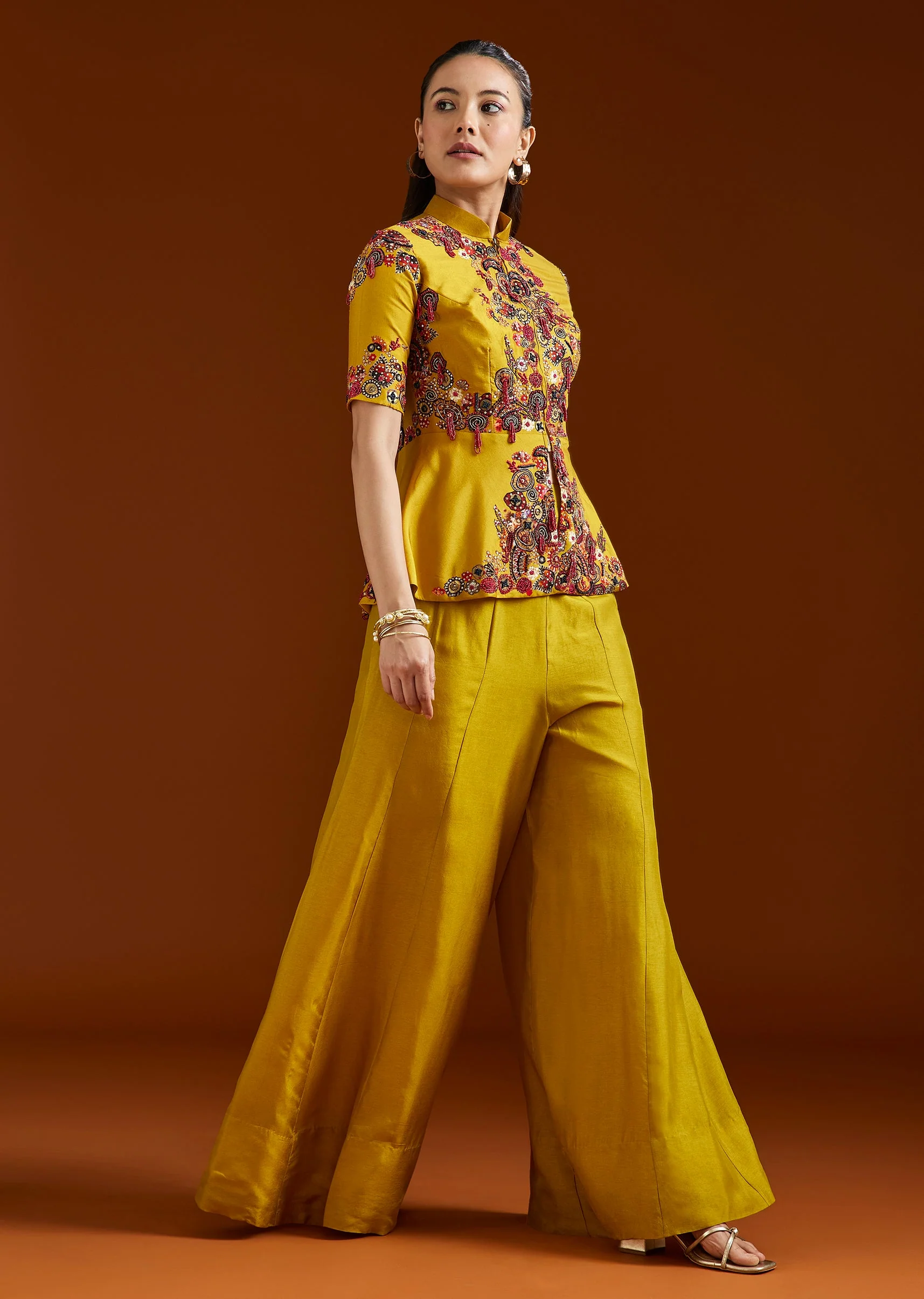 Yellow Printed Silk Blend Peplum Palazzo Set - Image 3