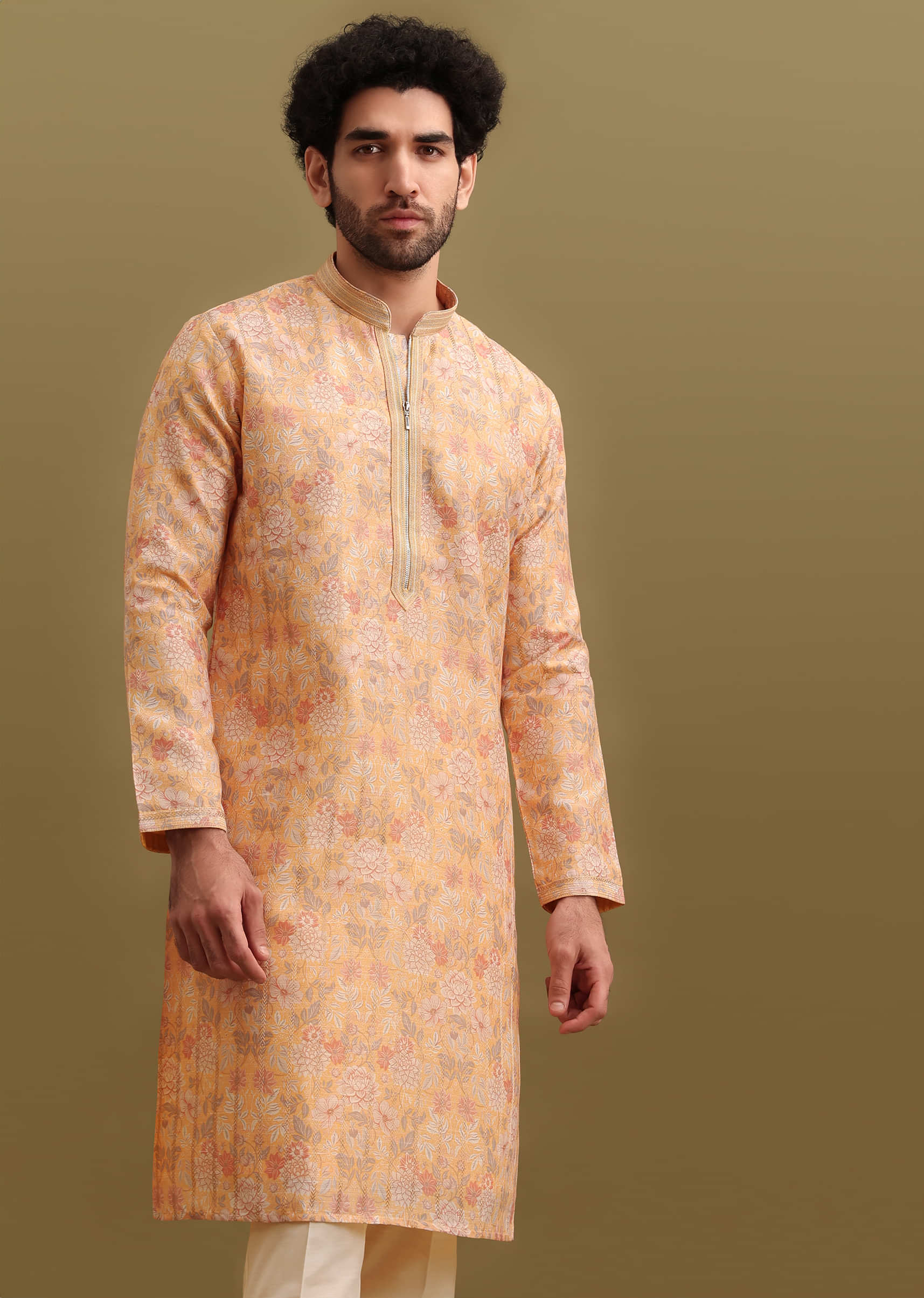 Yellow Printed Silk Zipper Kurta Set For Men - Image 3