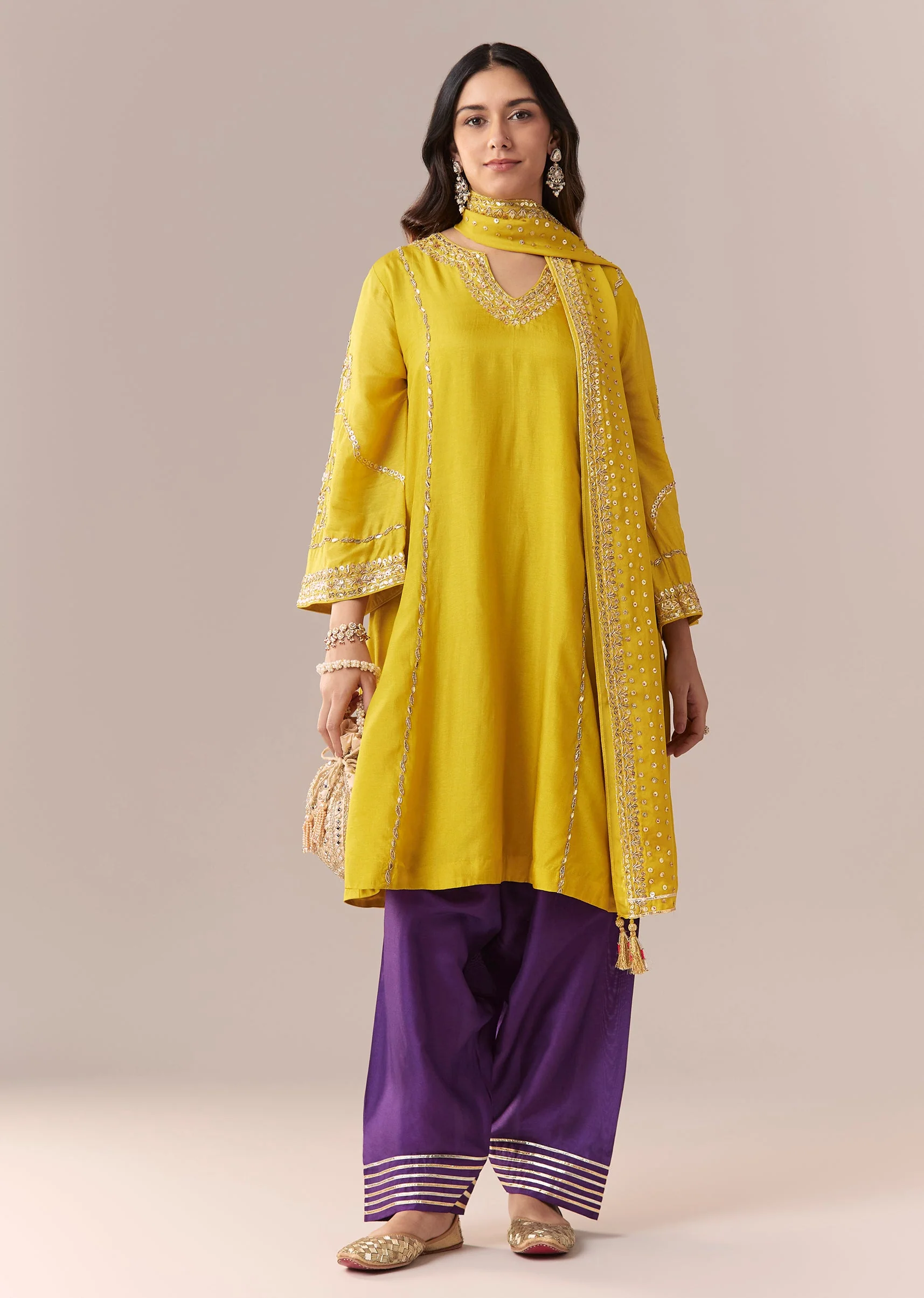 Yellow Purple Embellished Kurta Set With Salwar And Dupatta - Image 3