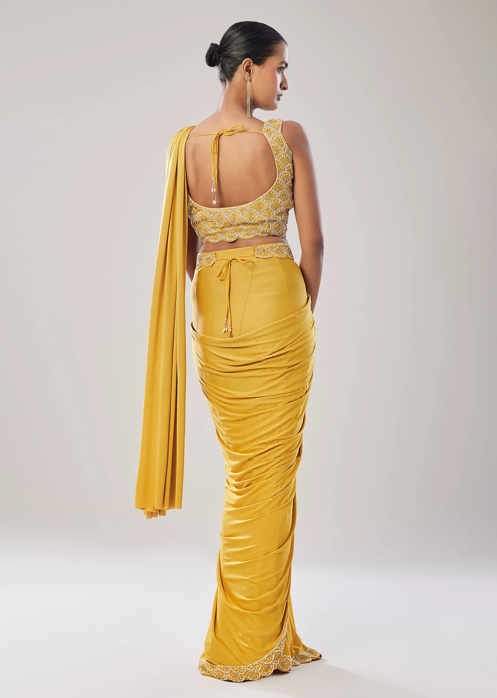 Yellow Ready Pleated Saree With Belt - Image 5