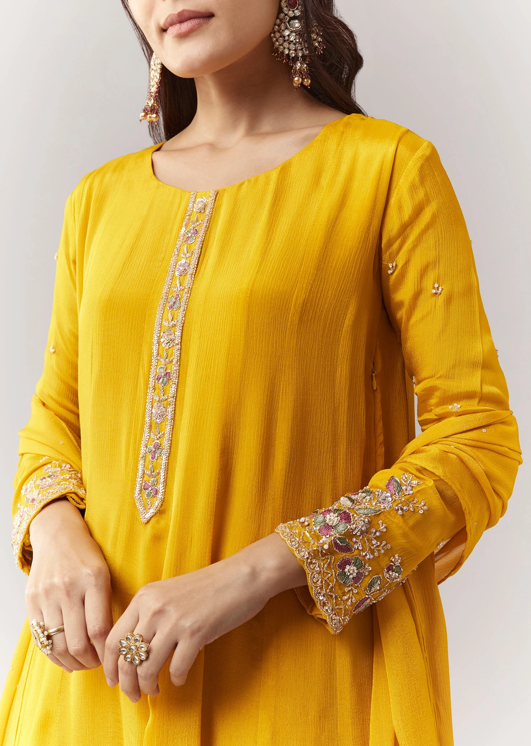 Yellow Resham Cut Dana Sleeve Anarkali Pant Set With Dupatta - Image 2