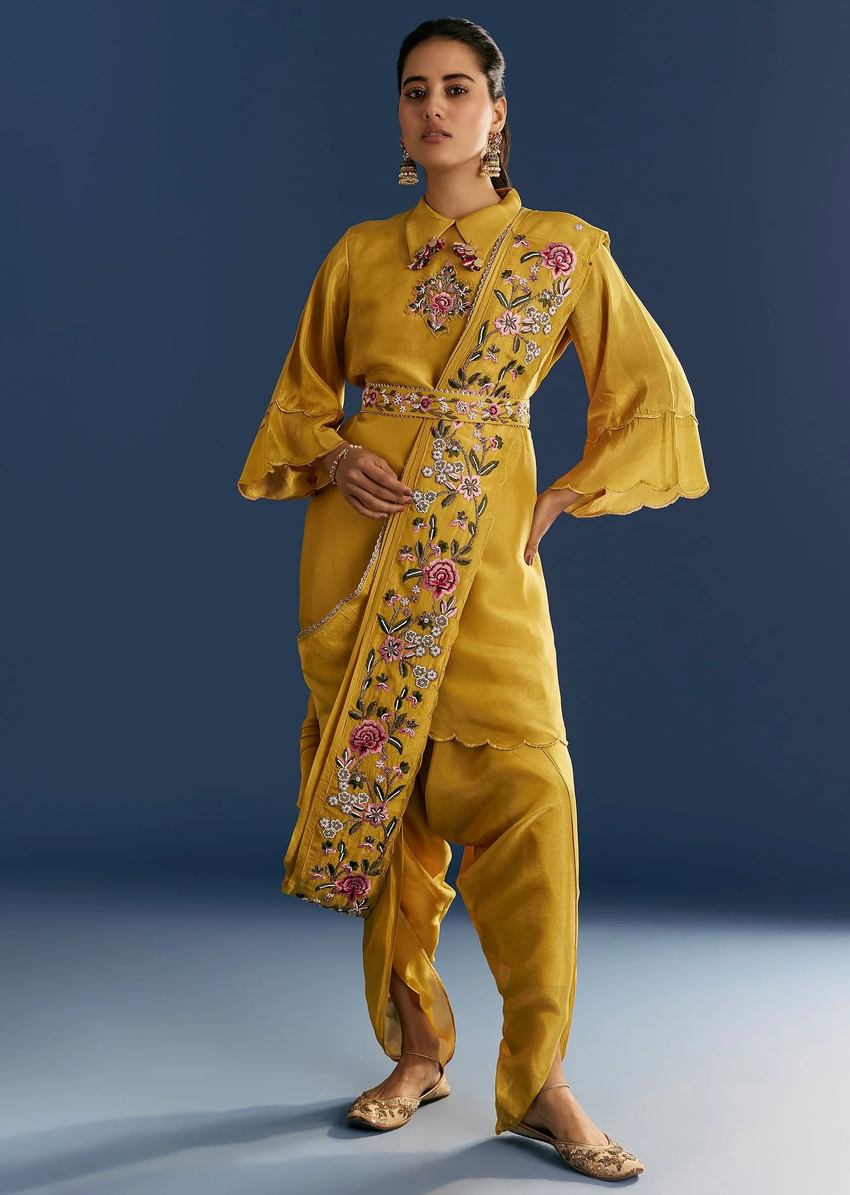 Yellow Resham Embroidered Kurta Dhoti Set With Draped Dupatta And Belt - Image 3
