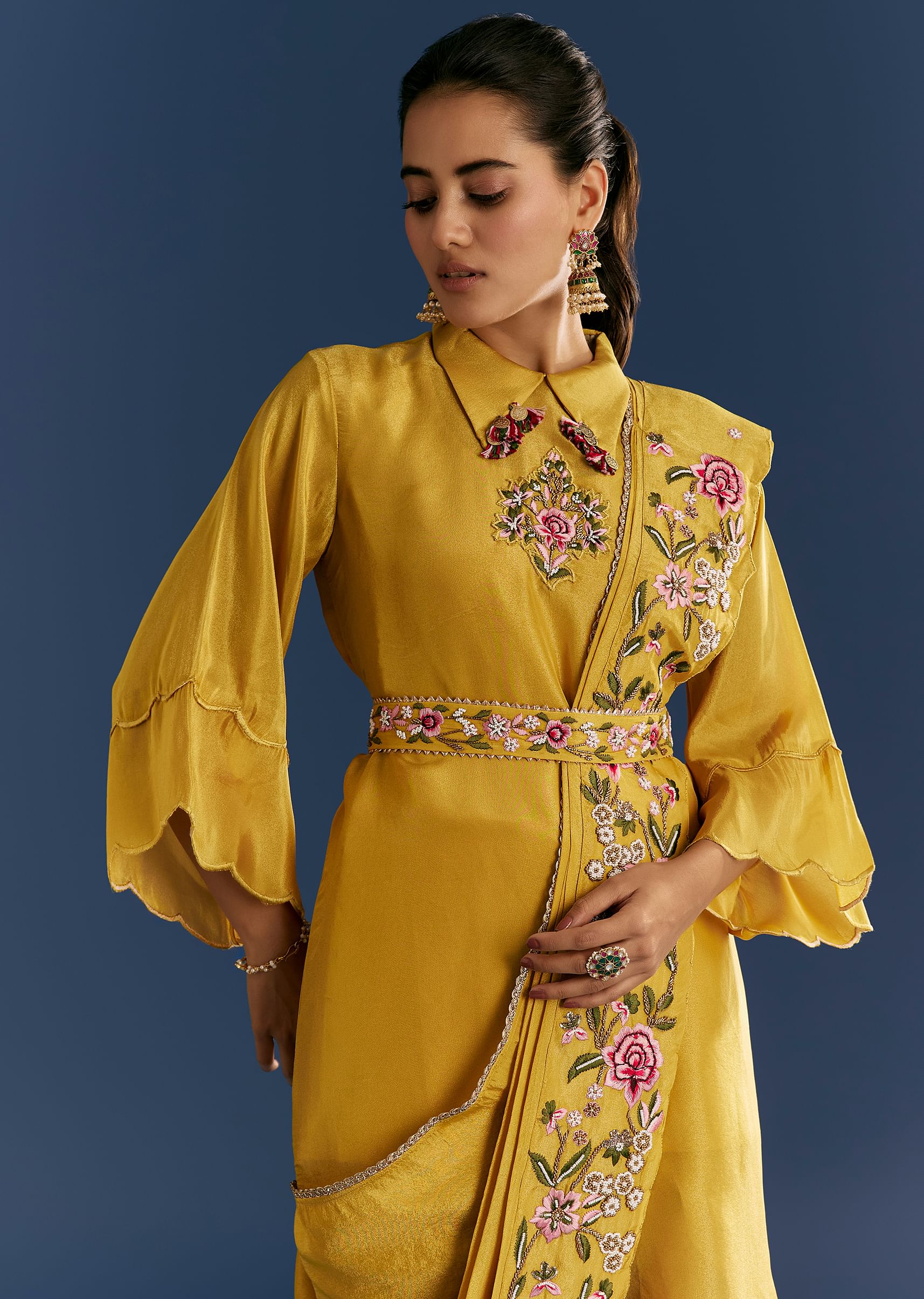 Yellow Resham Embroidered Kurta Dhoti Set With Draped Dupatta And Belt - Image 4