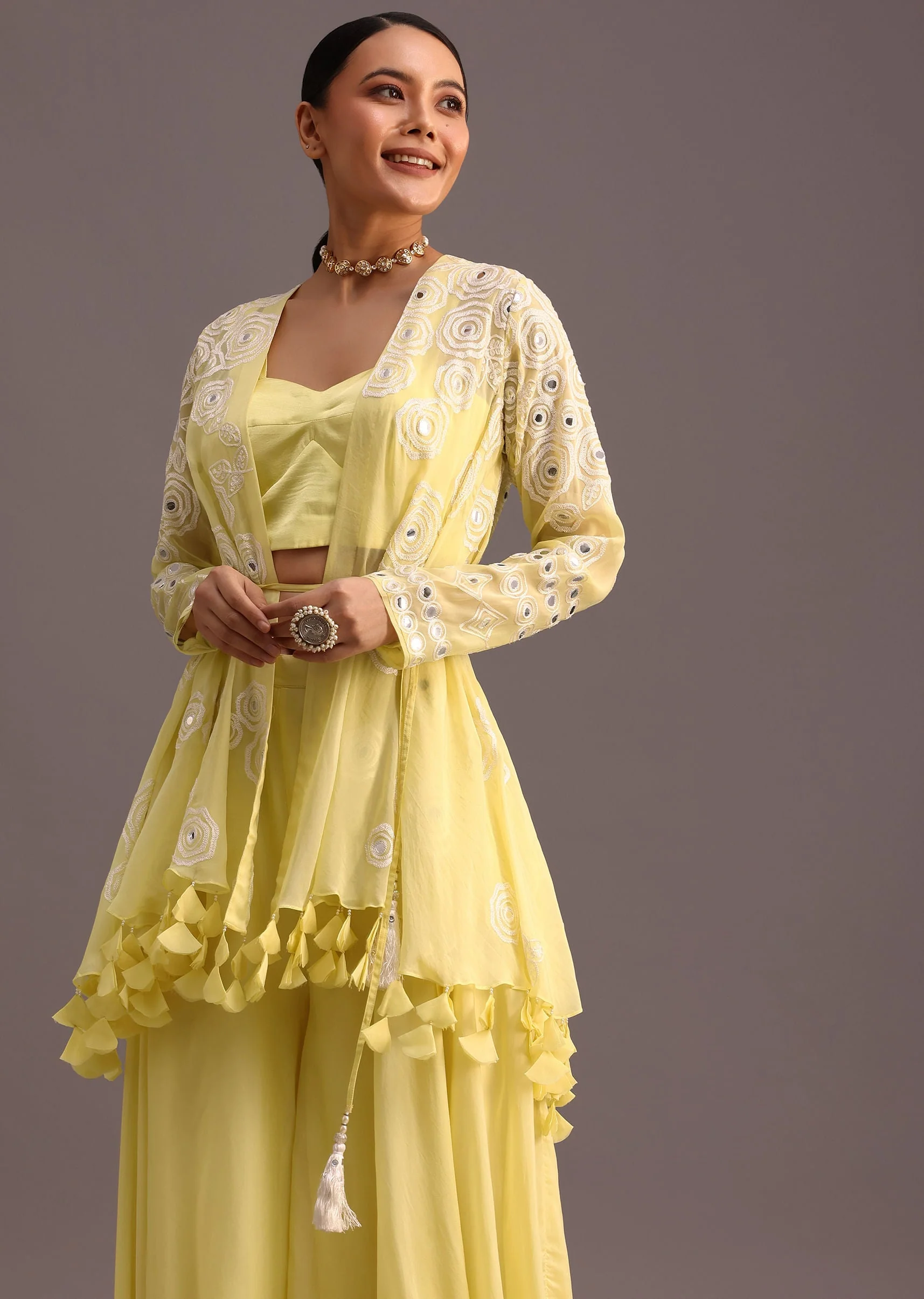 Yellow Resham Work Jacket And Croptop Palazzo Set - Image 2
