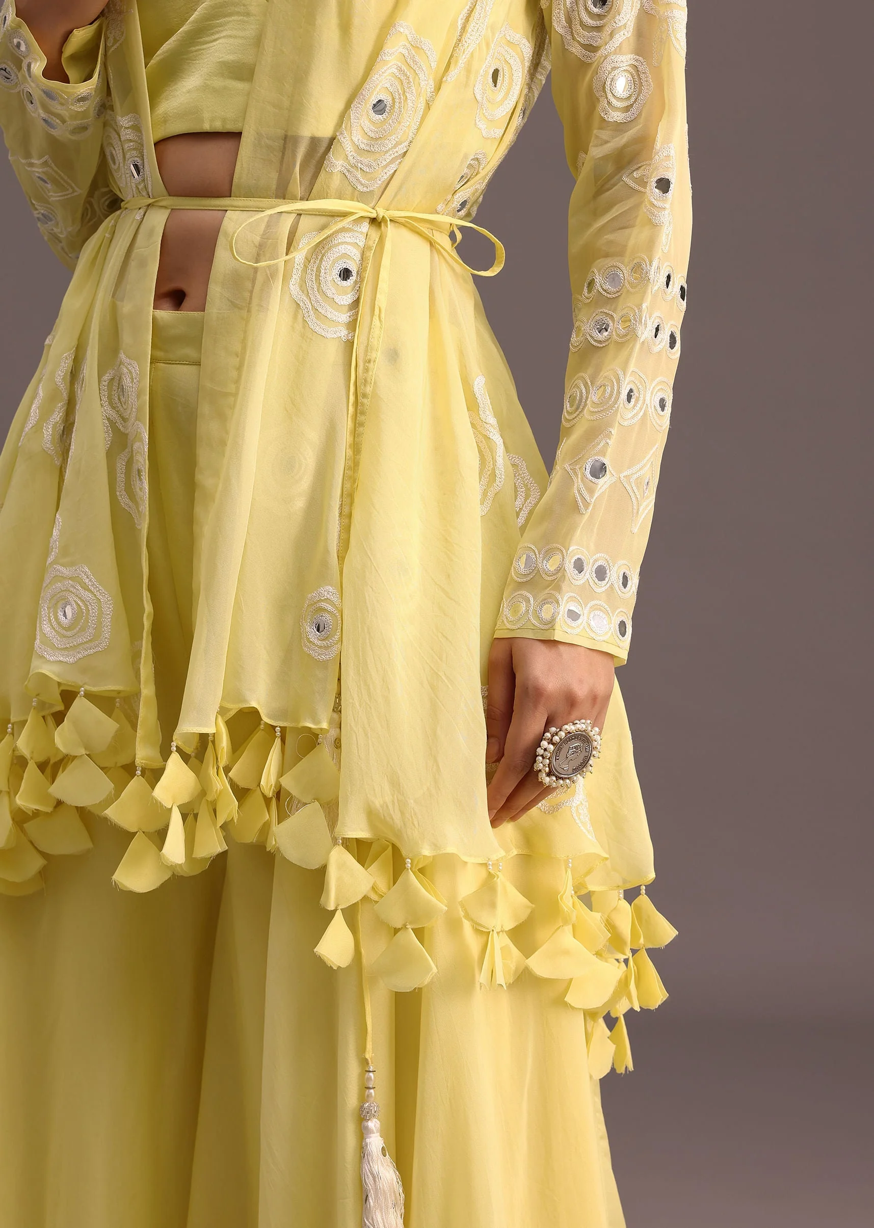 Yellow Resham Work Jacket And Croptop Palazzo Set - Image 4