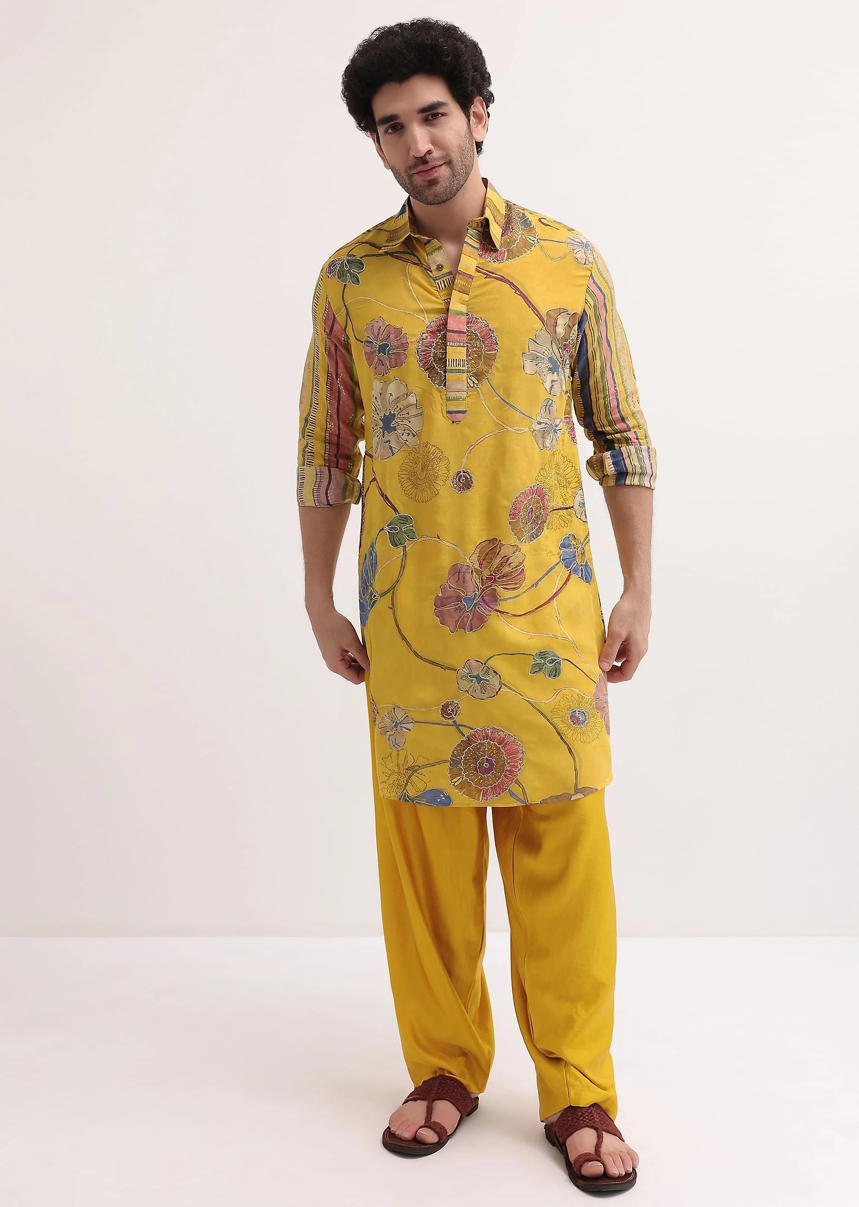 Yellow Resham Work Kurta Patiala Set For Men - Image 2