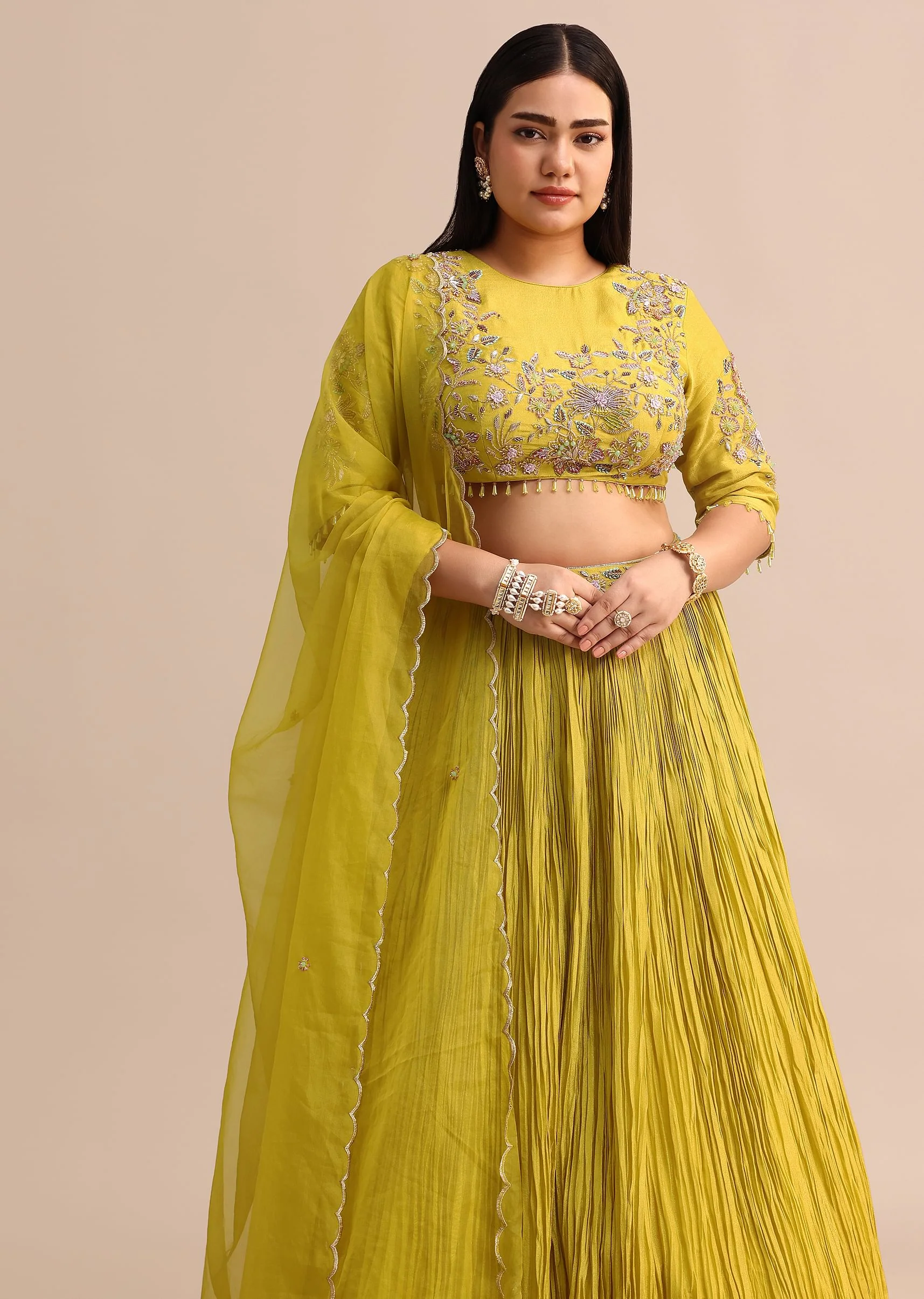 Yellow Ruched Lehenga With Embroidered Blouse And Dupatta - Image 2