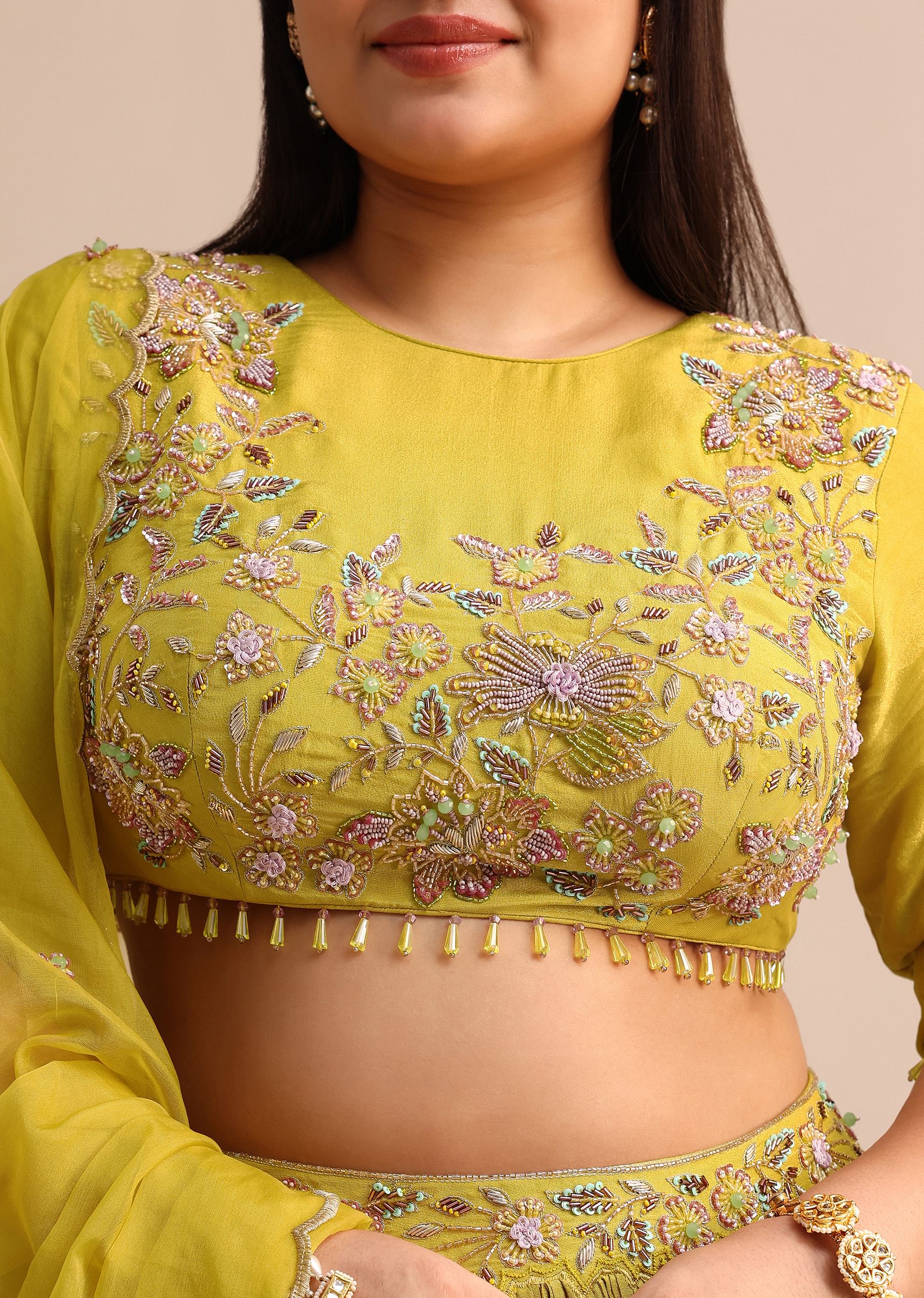 Yellow Ruched Lehenga With Embroidered Blouse And Dupatta - Image 4