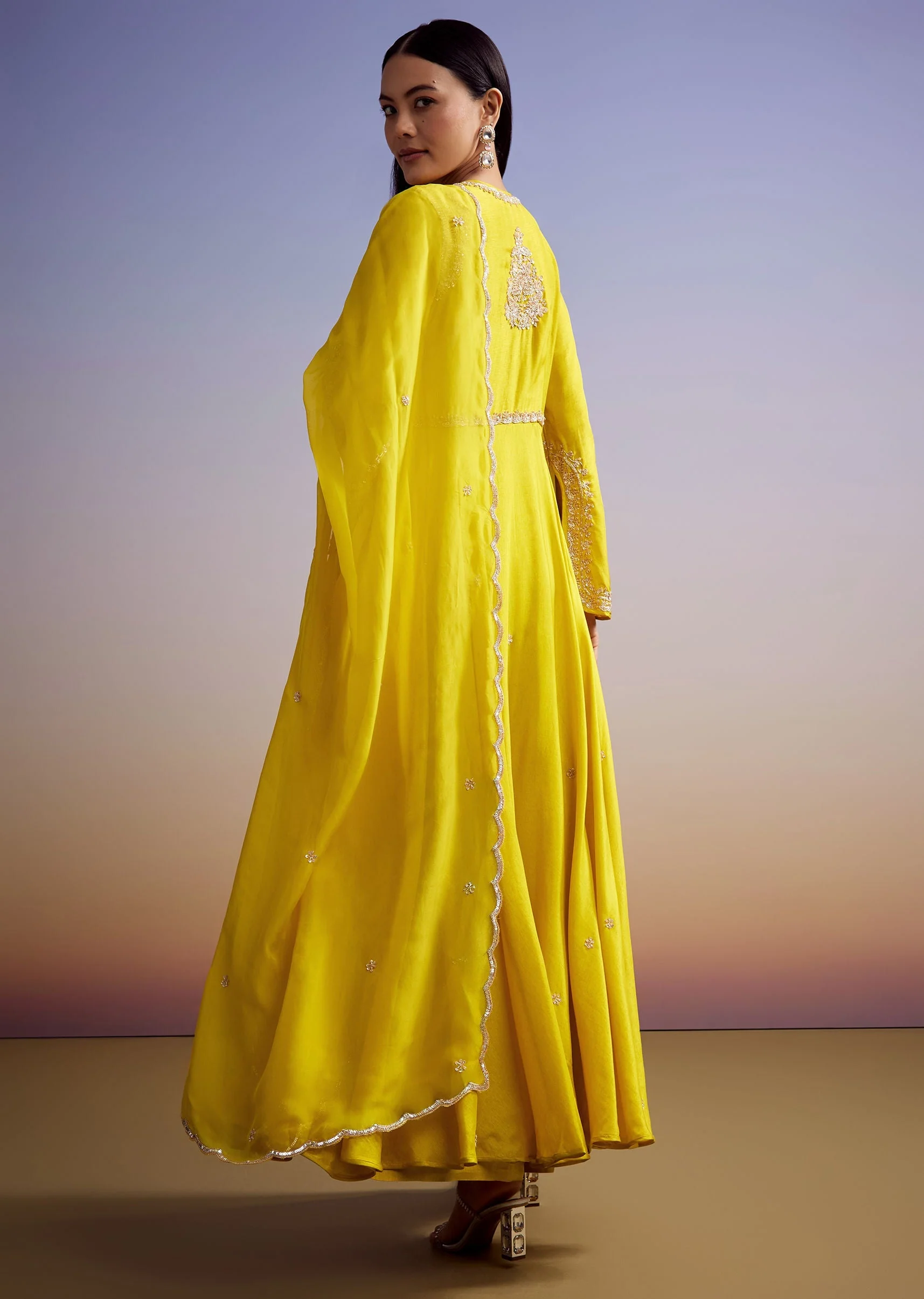 Yellow Russian Silk Palazzo Suit With Cut Dana And Sequins Work - Image 5