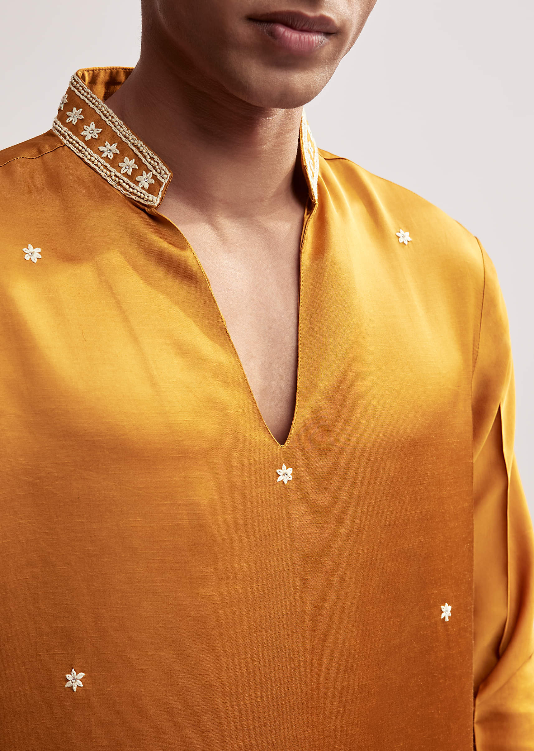 Yellow Satin Blend Kurta Set For Men With Hand Embroidered Buttis - Image 3