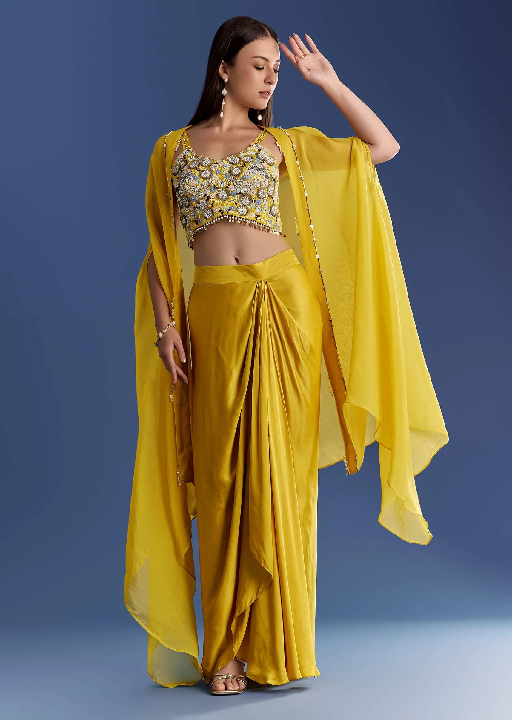Yellow Satin Cape Set With Embroidered Croptop And Skirt - Image 2