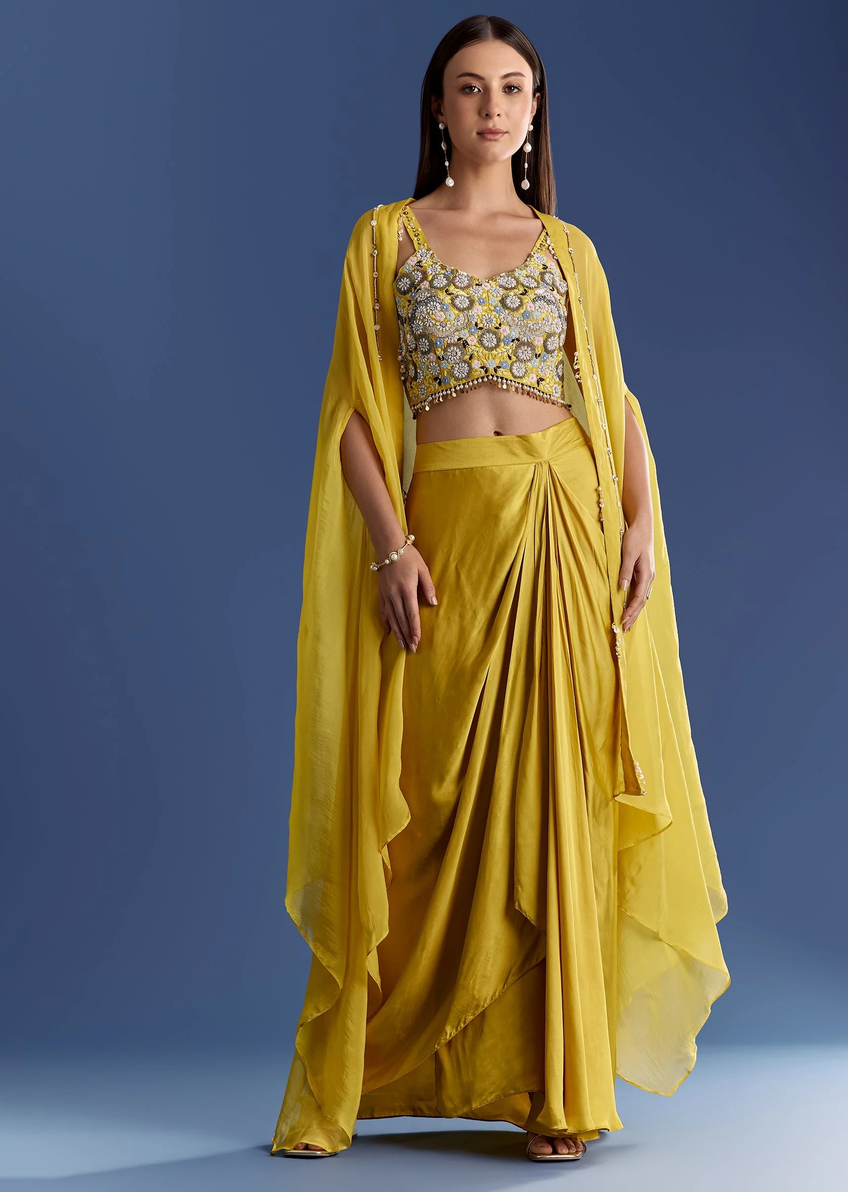Yellow Satin Cape Set With Embroidered Croptop And Skirt - Image 4