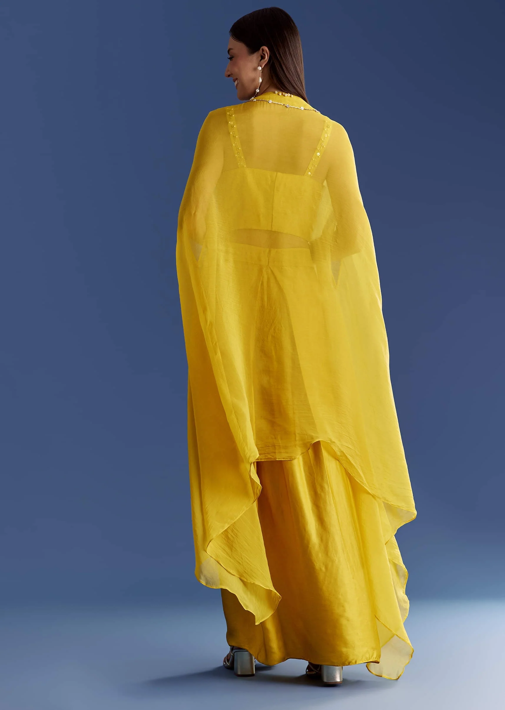 Yellow Satin Cape Set With Embroidered Croptop And Skirt - Image 5