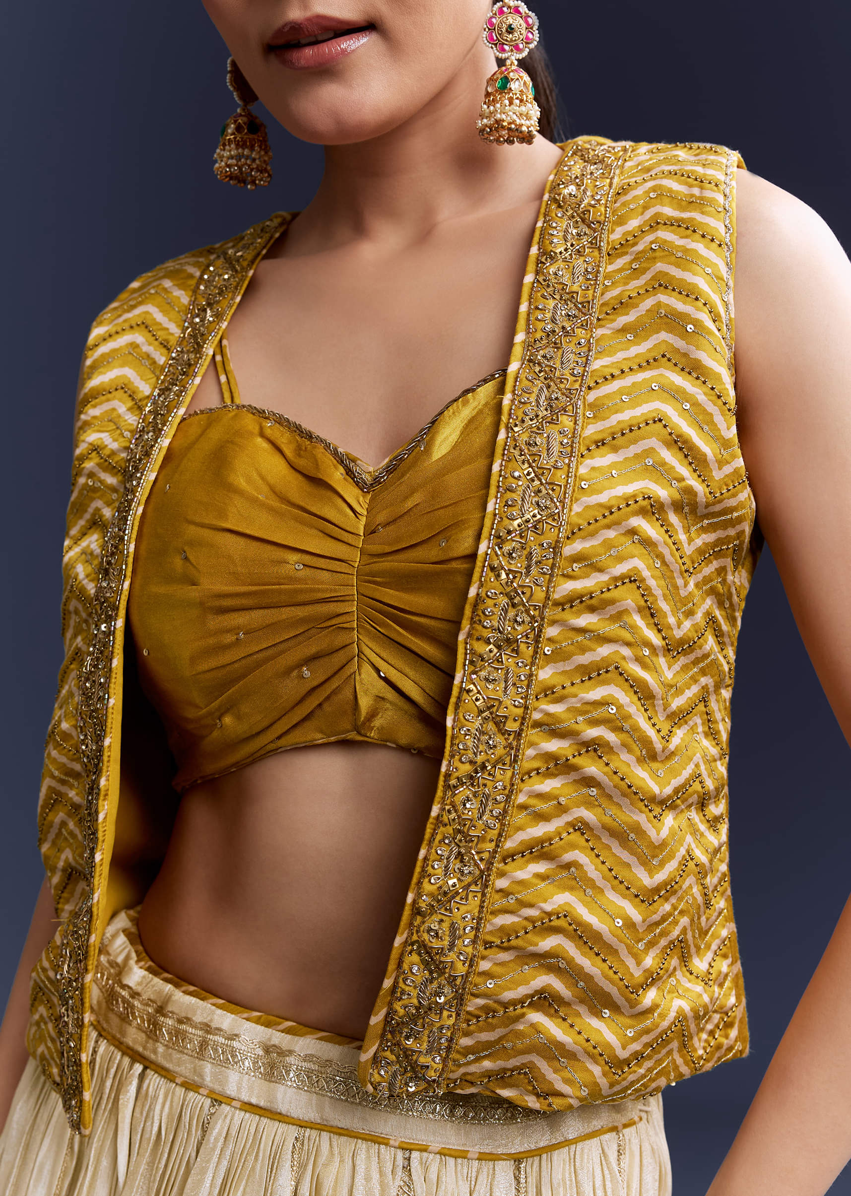 Yellow Satin Festive Lehenga With Hand Dyed Chevron Print Jacket - Image 3