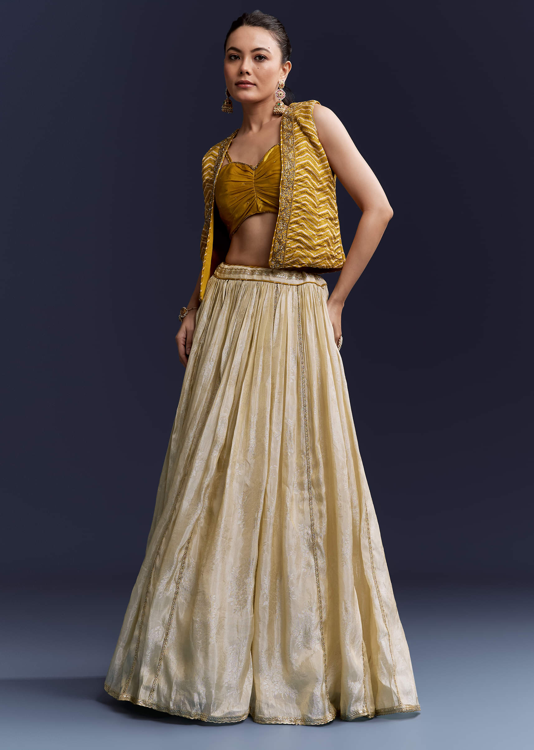 Yellow Satin Festive Lehenga With Hand Dyed Chevron Print Jacket - Image 4