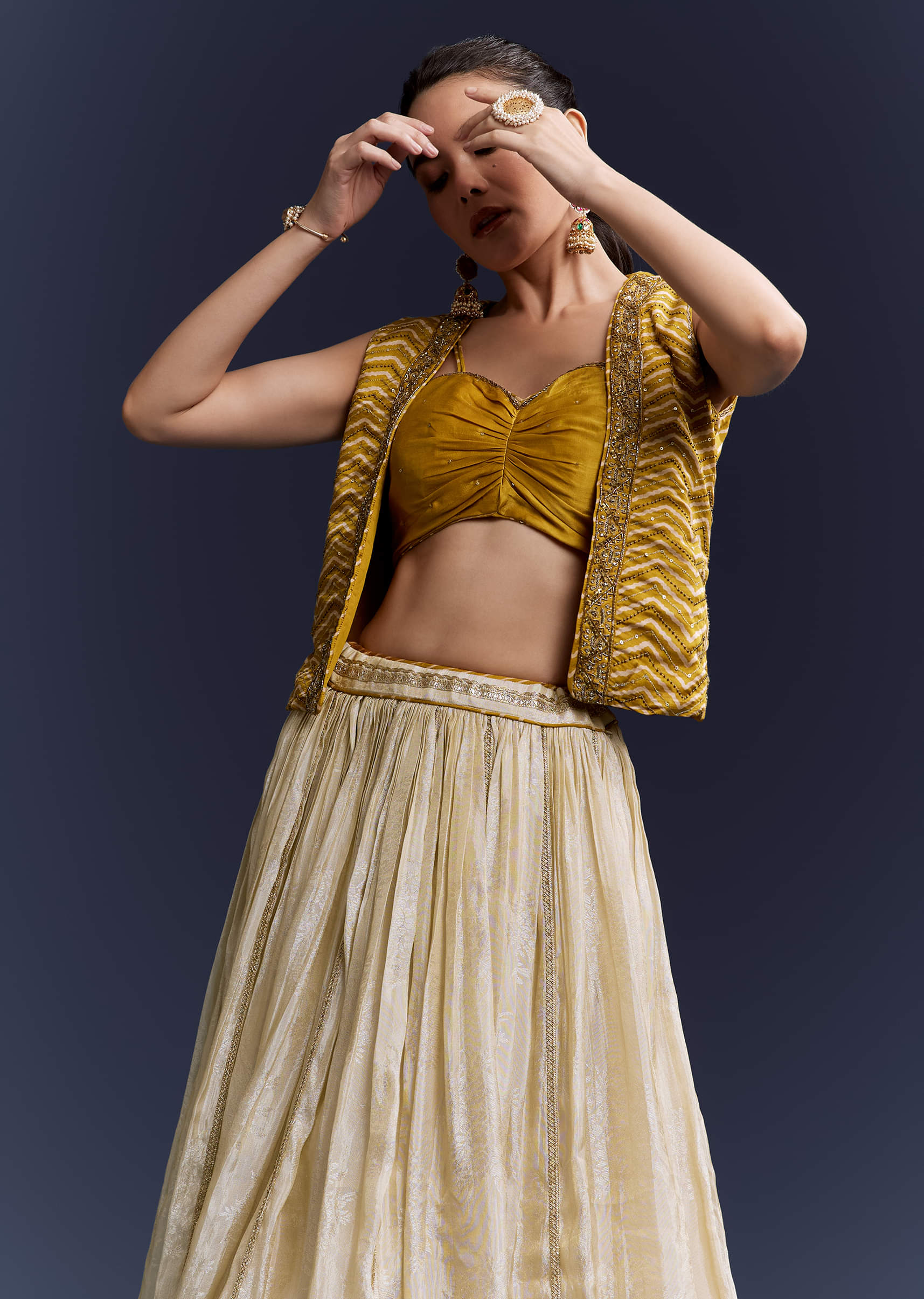 Yellow Satin Festive Lehenga With Hand Dyed Chevron Print Jacket - Image 5
