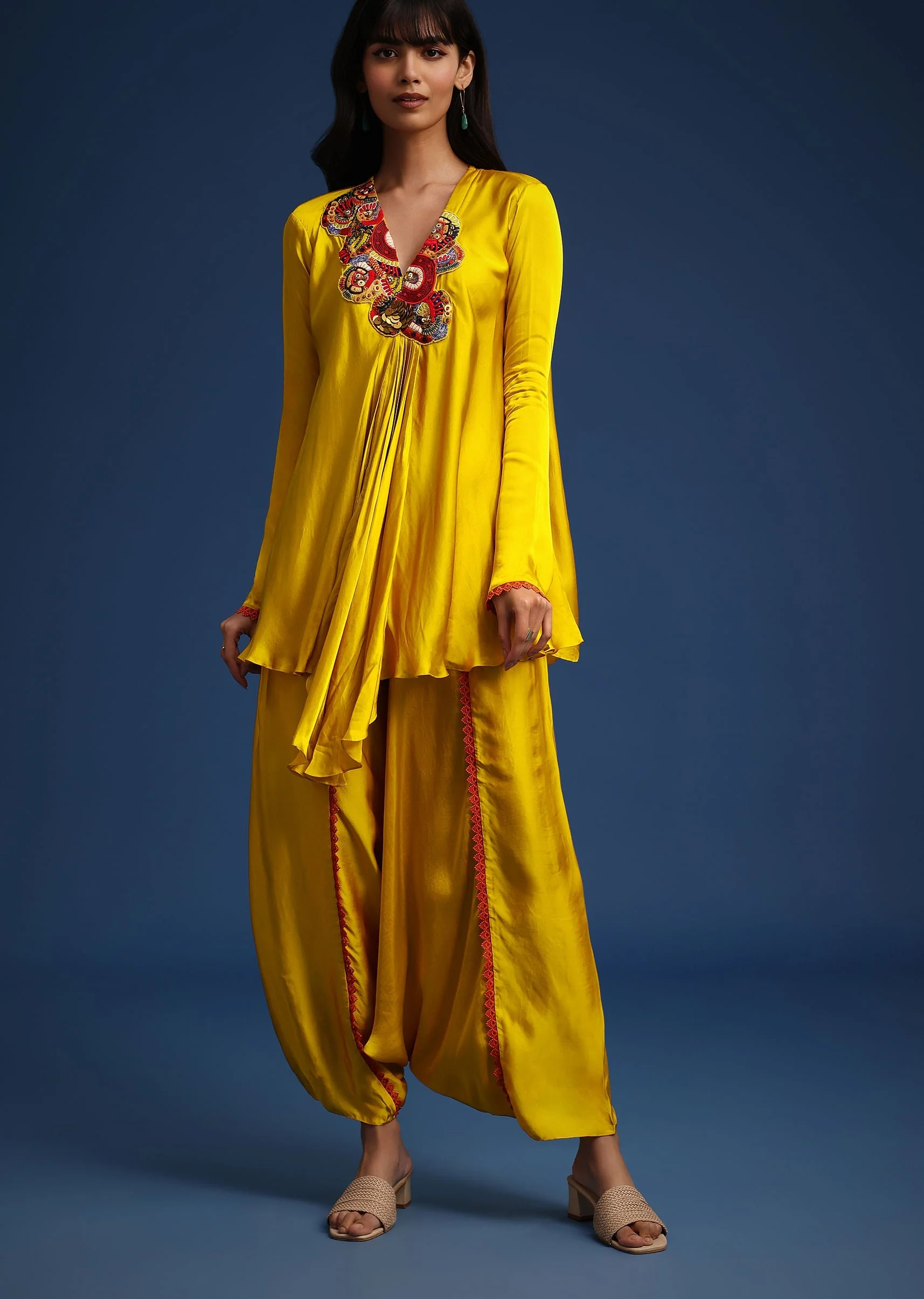 Yellow Satin Kurta And Dhoti Set - Image 3