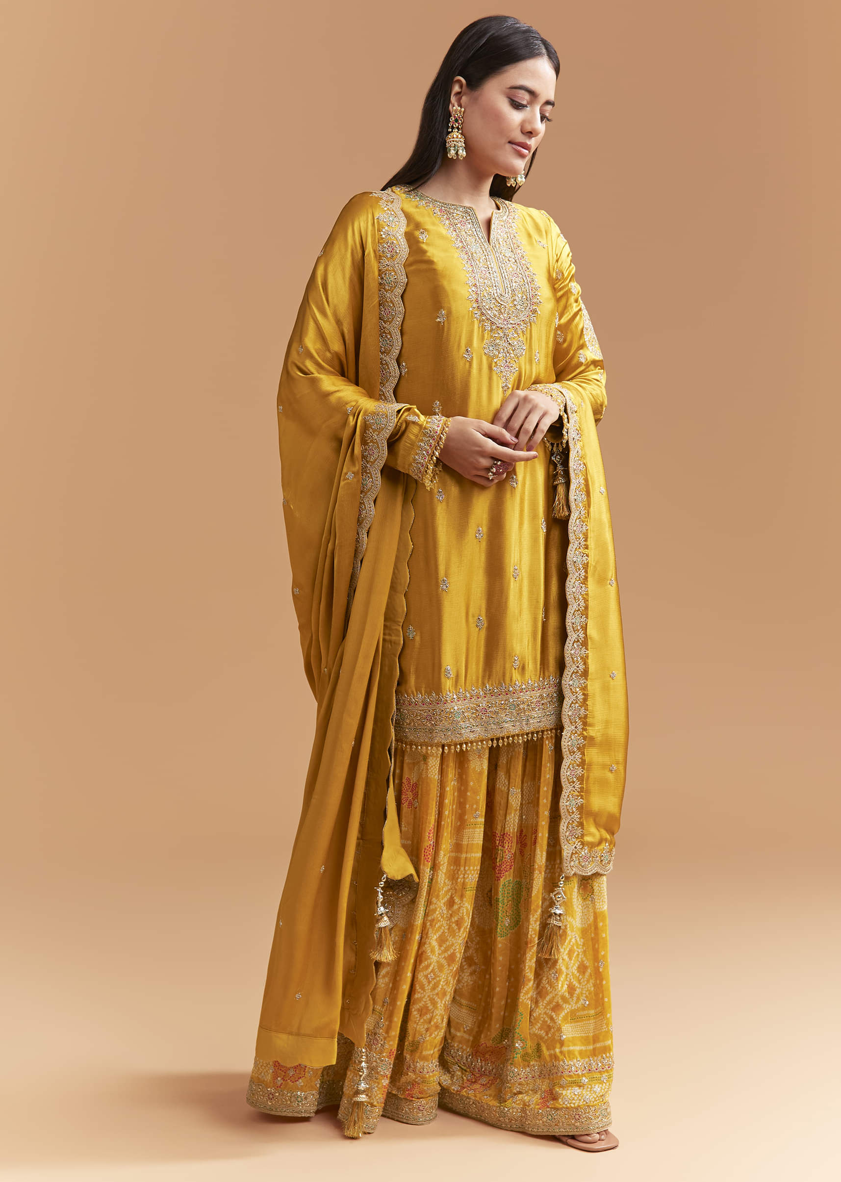 Yellow Satin Palazzo Suit With Gota And Cutdana Work - Image 3