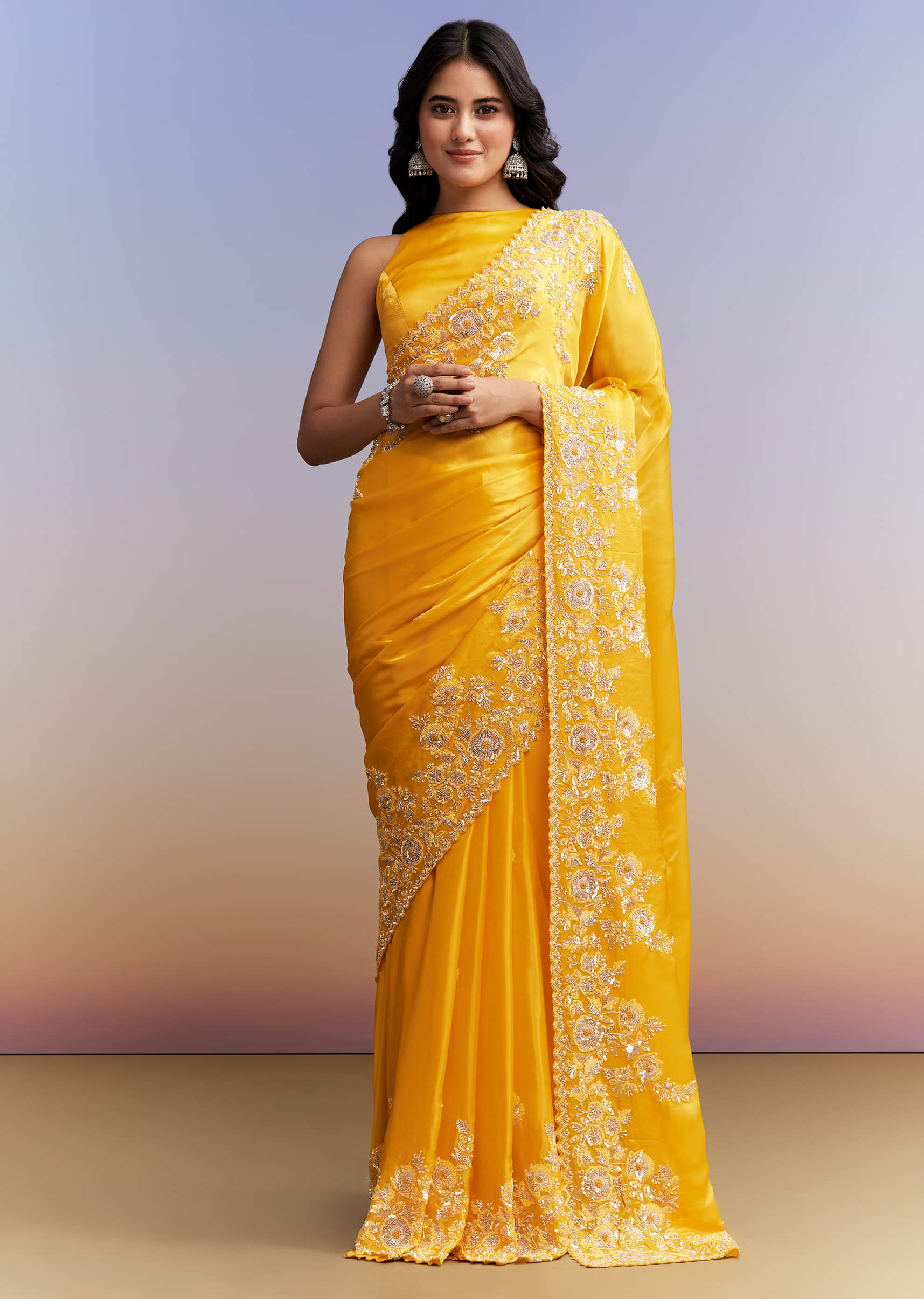 Yellow Satin Saree With Heavy Embroidered Details - Image 3