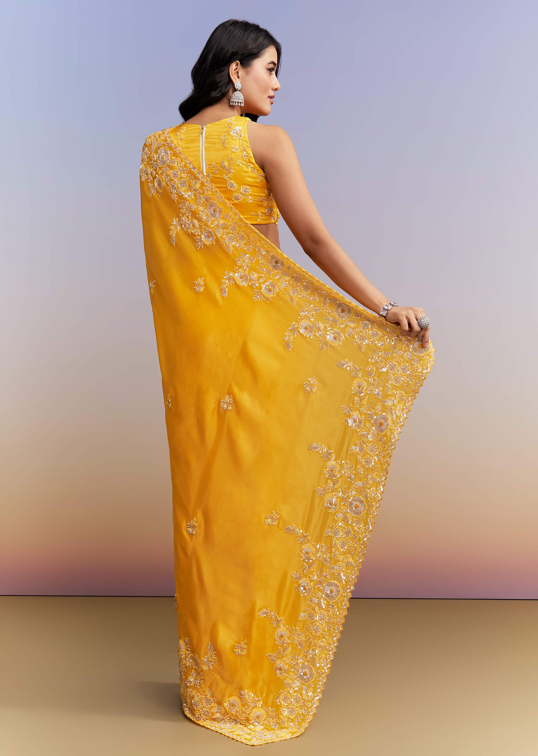 Yellow Satin Saree With Heavy Embroidered Details - Image 4