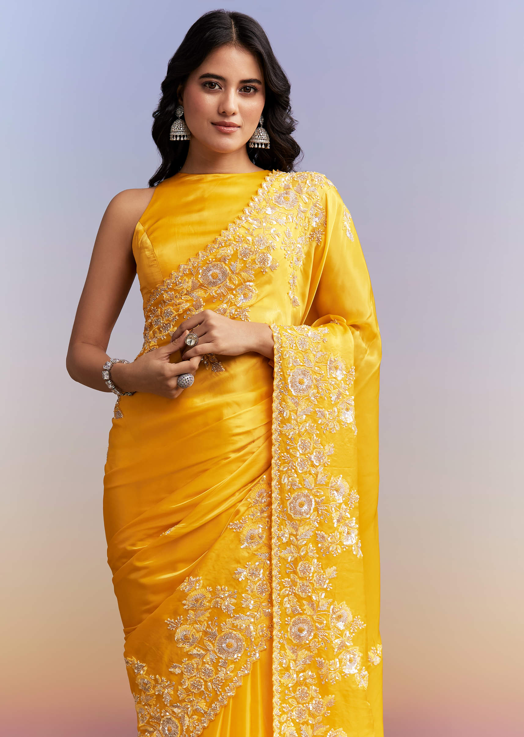 Yellow Satin Saree With Heavy Embroidered Details - Image 5