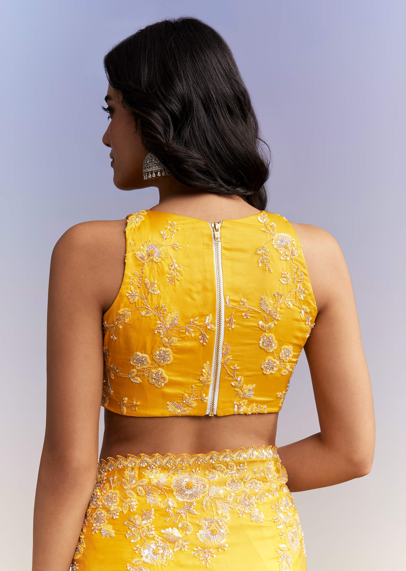 Yellow Satin Saree With Heavy Embroidered Details - Image 8