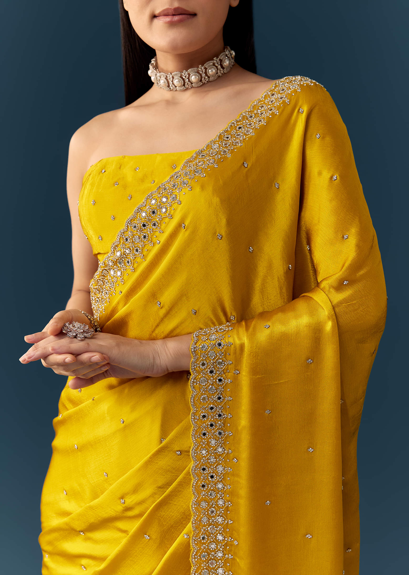 Yellow Satin Saree with Sequins and Unstitched Bouse - Image 2