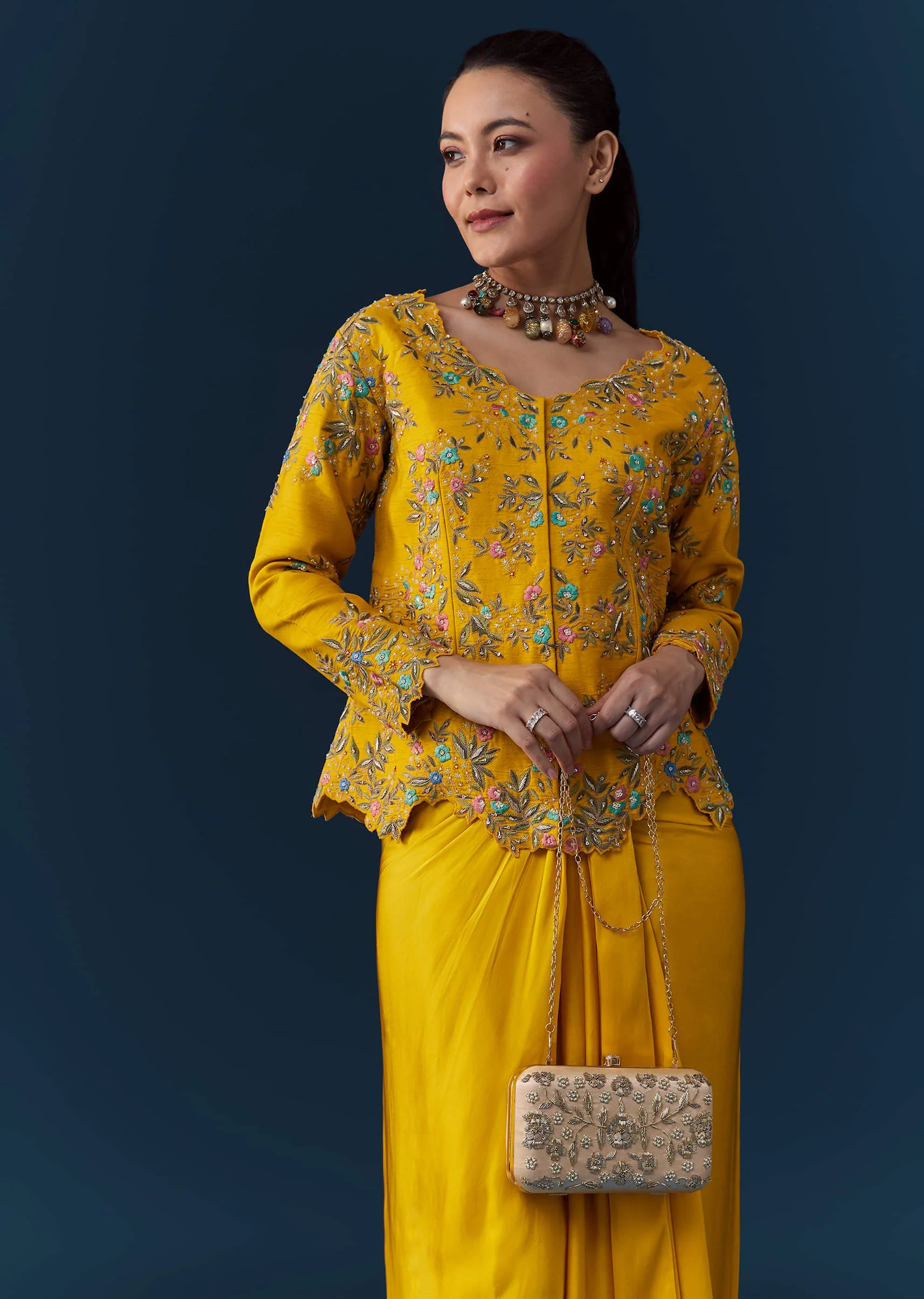 Yellow Satin Silk Crop Top Skirt Set with Resham Work - Image 4