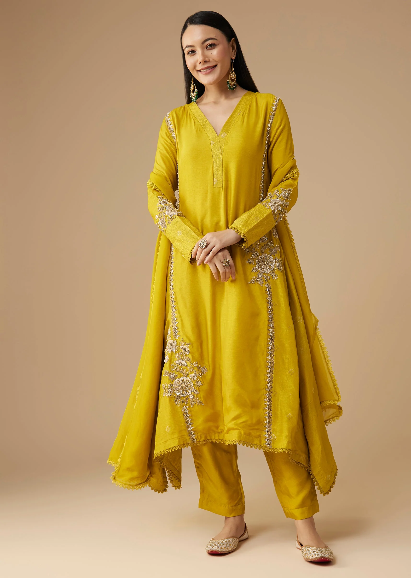 Yellow Sequin Embellished A-Line Anarkali Set - Image 3