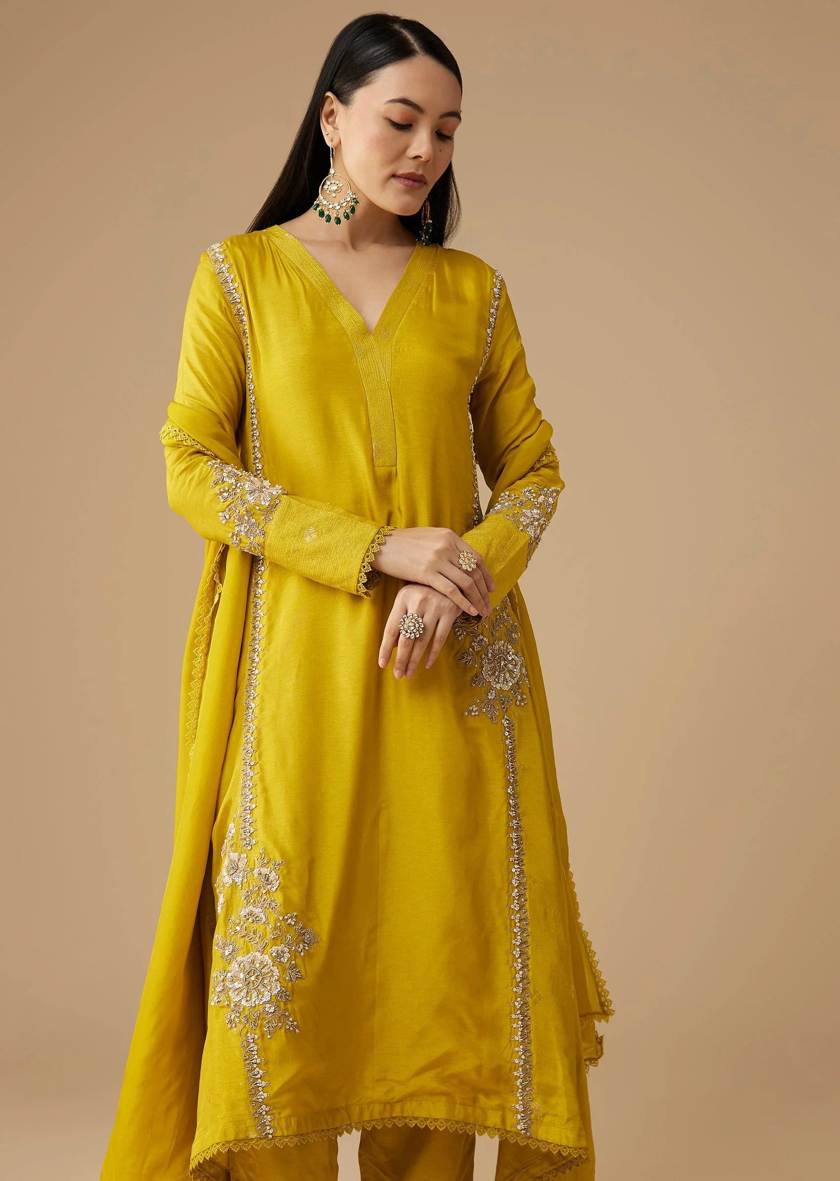 Yellow Sequin Embellished A-Line Anarkali Set - Image 4