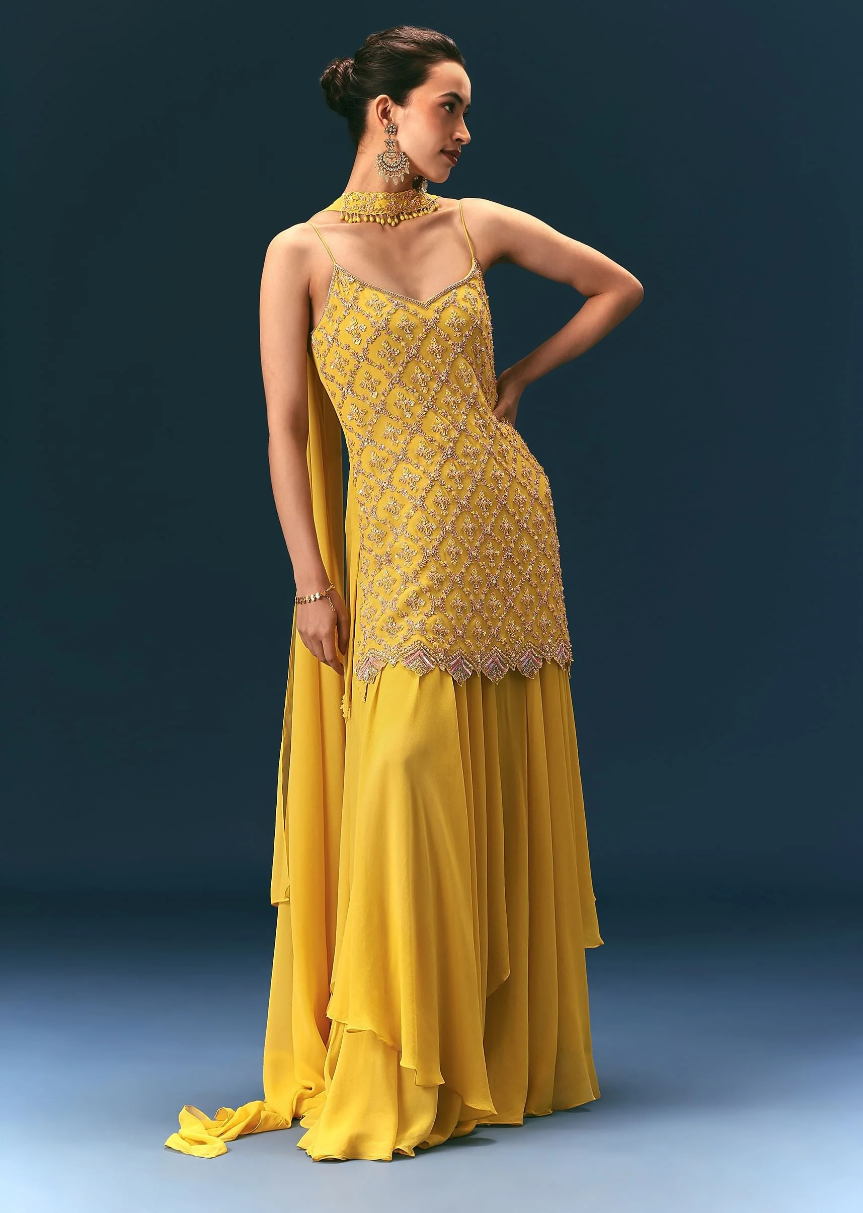 Yellow Sequin Hand Work Sharara Suit With Embroidered Choker Dupatta - Image 3