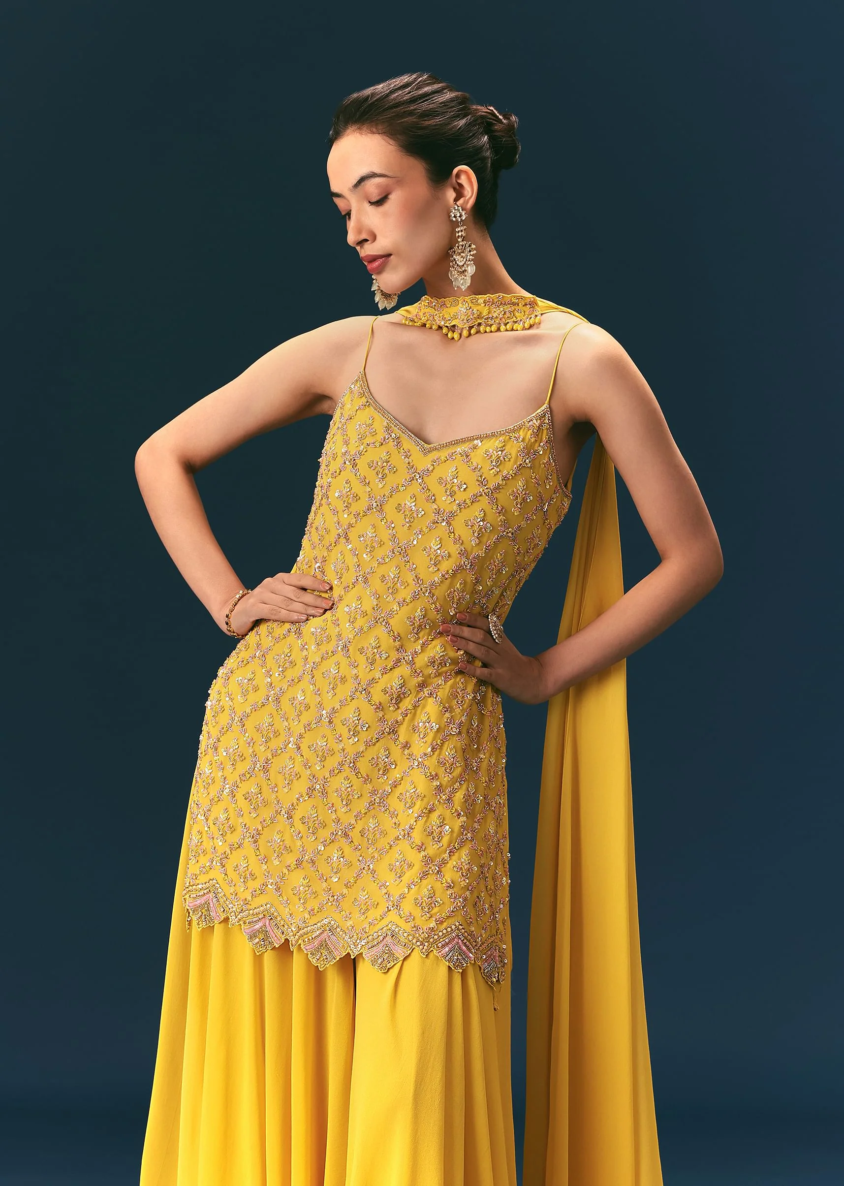 Yellow Sequin Hand Work Sharara Suit With Embroidered Choker Dupatta - Image 4