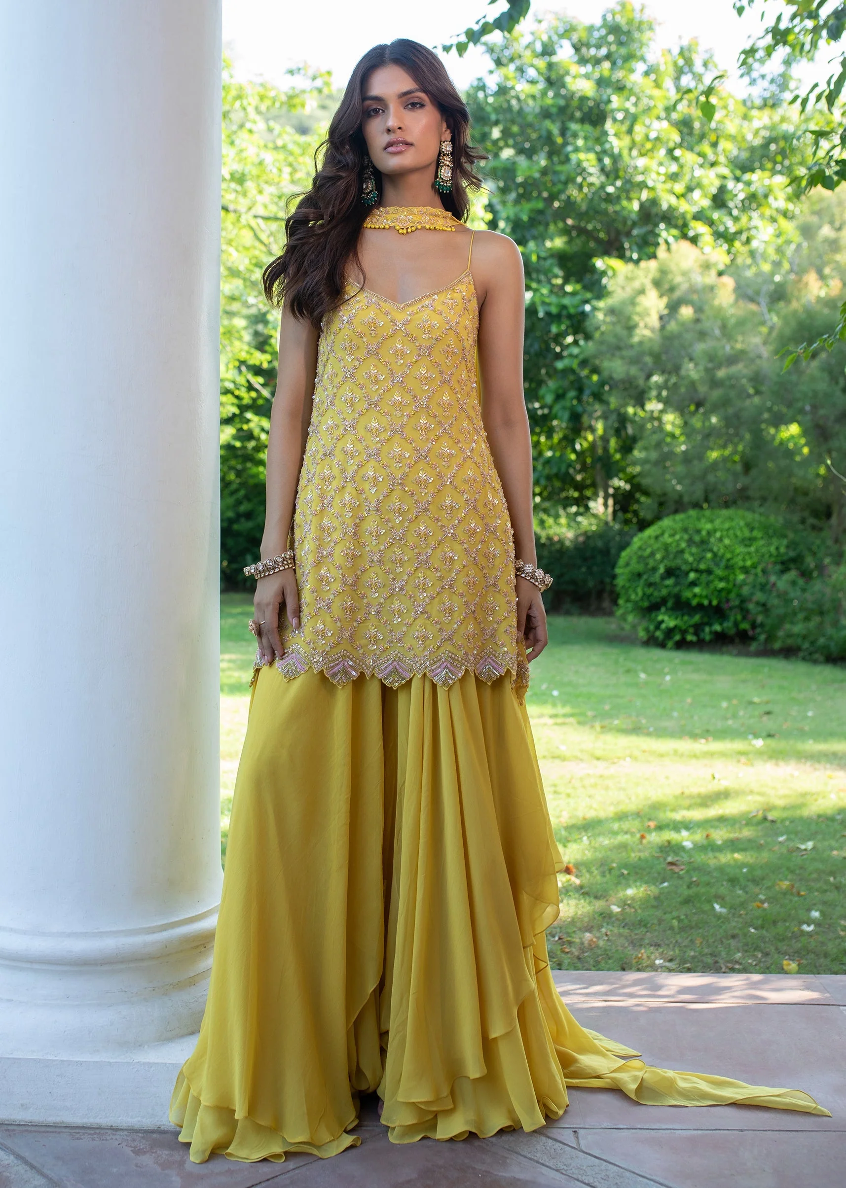 Yellow Sequin Hand Work Sharara Suit With Embroidered Choker Dupatta - Image 6