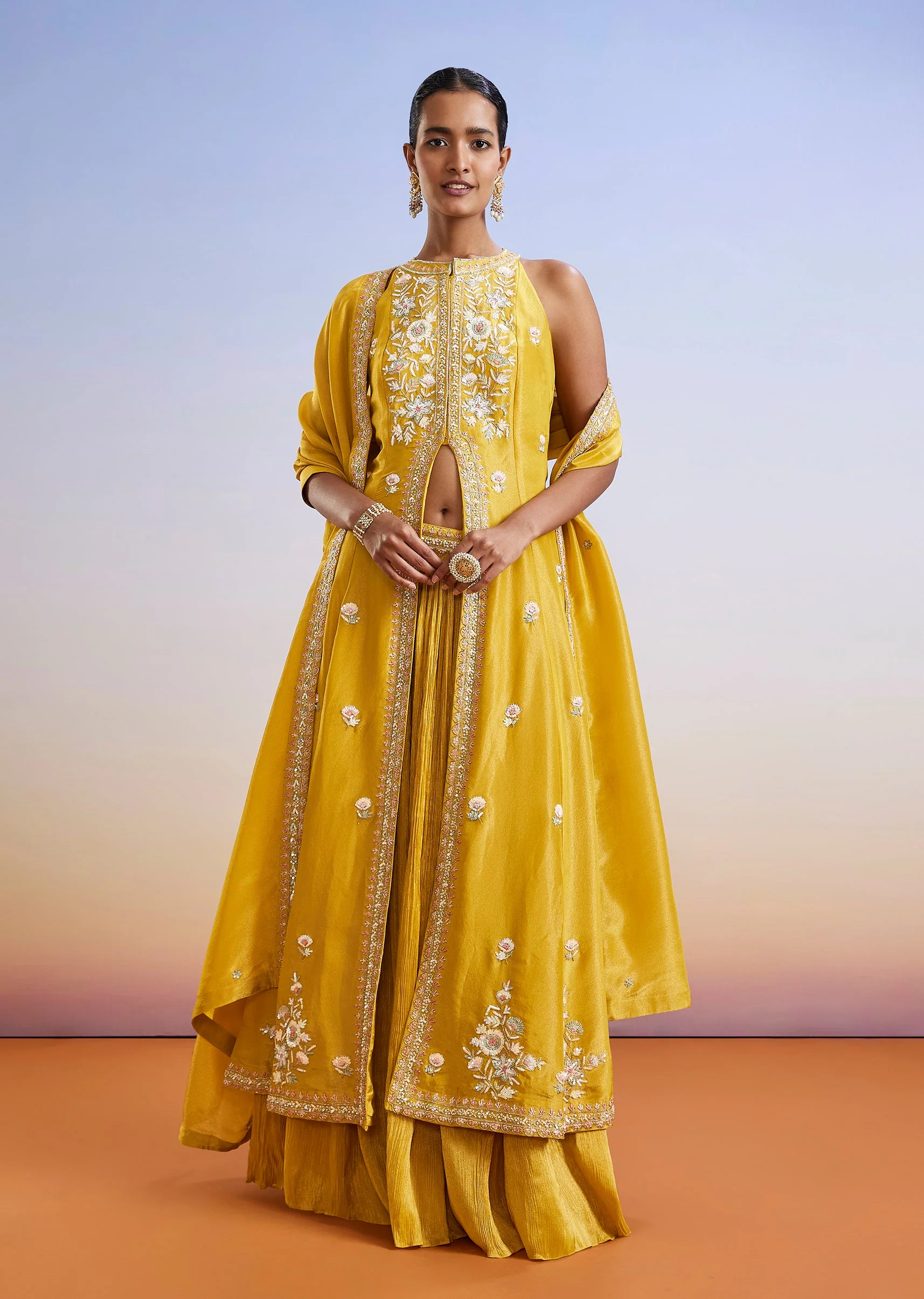 Yellow Sequins Embroidered Front Slit Anarkali Suit With Dupatta