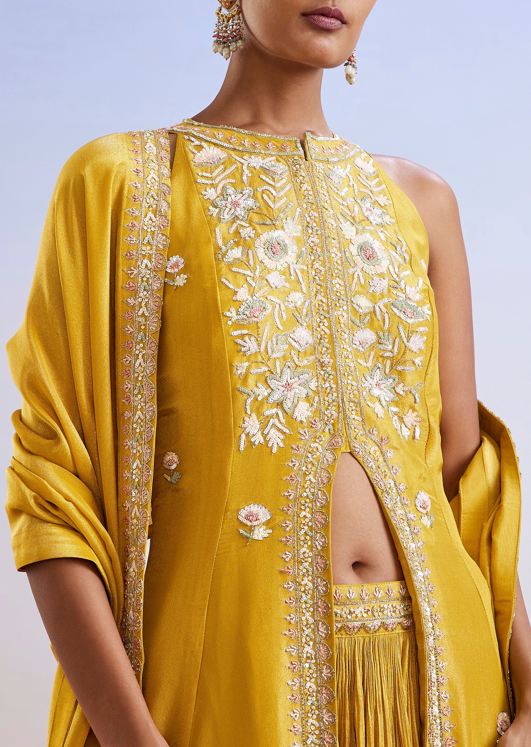 Yellow Sequins Embroidered Front Slit Anarkali Suit With Dupatta - Image 2