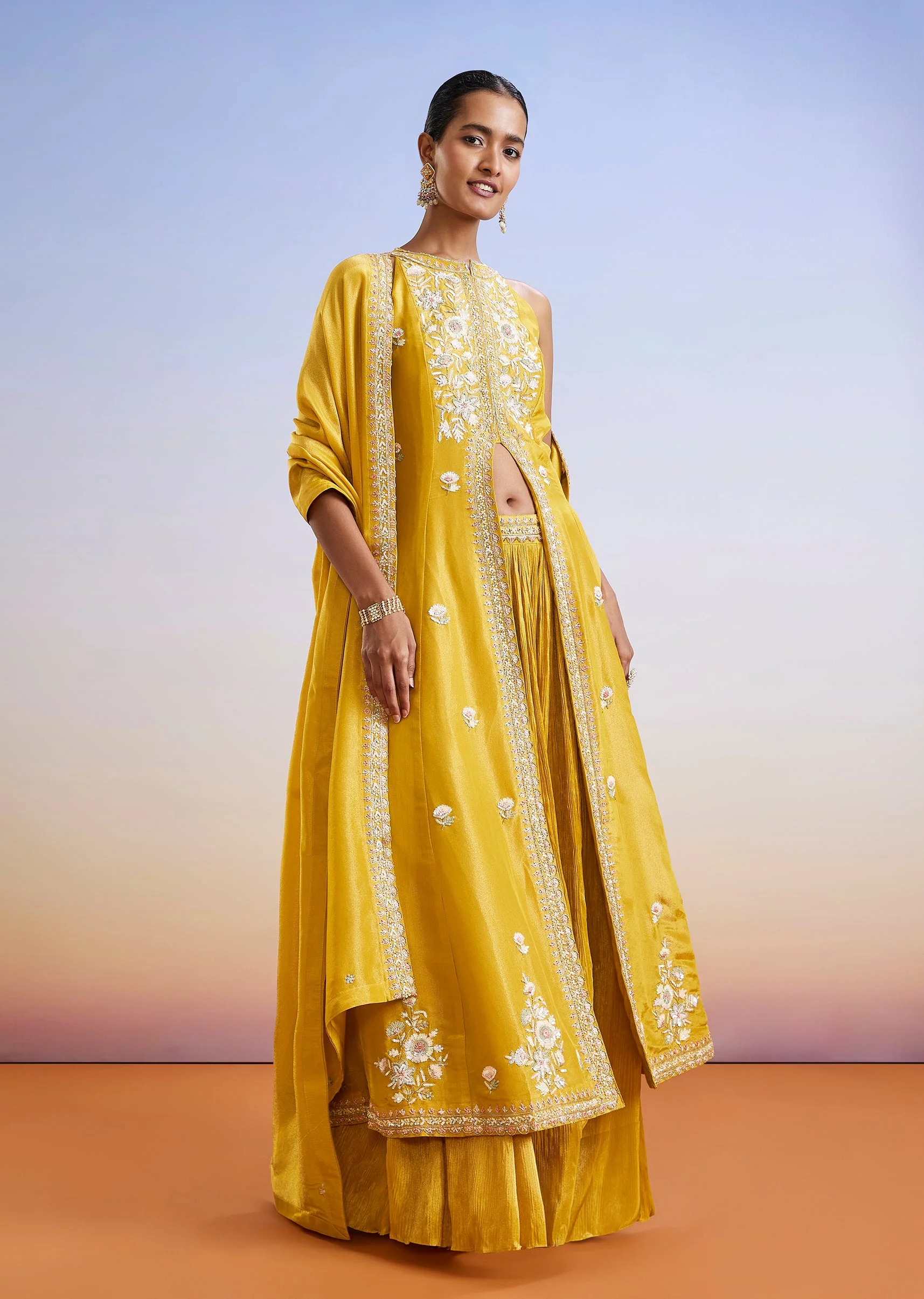 Yellow Sequins Embroidered Front Slit Anarkali Suit With Dupatta - Image 3