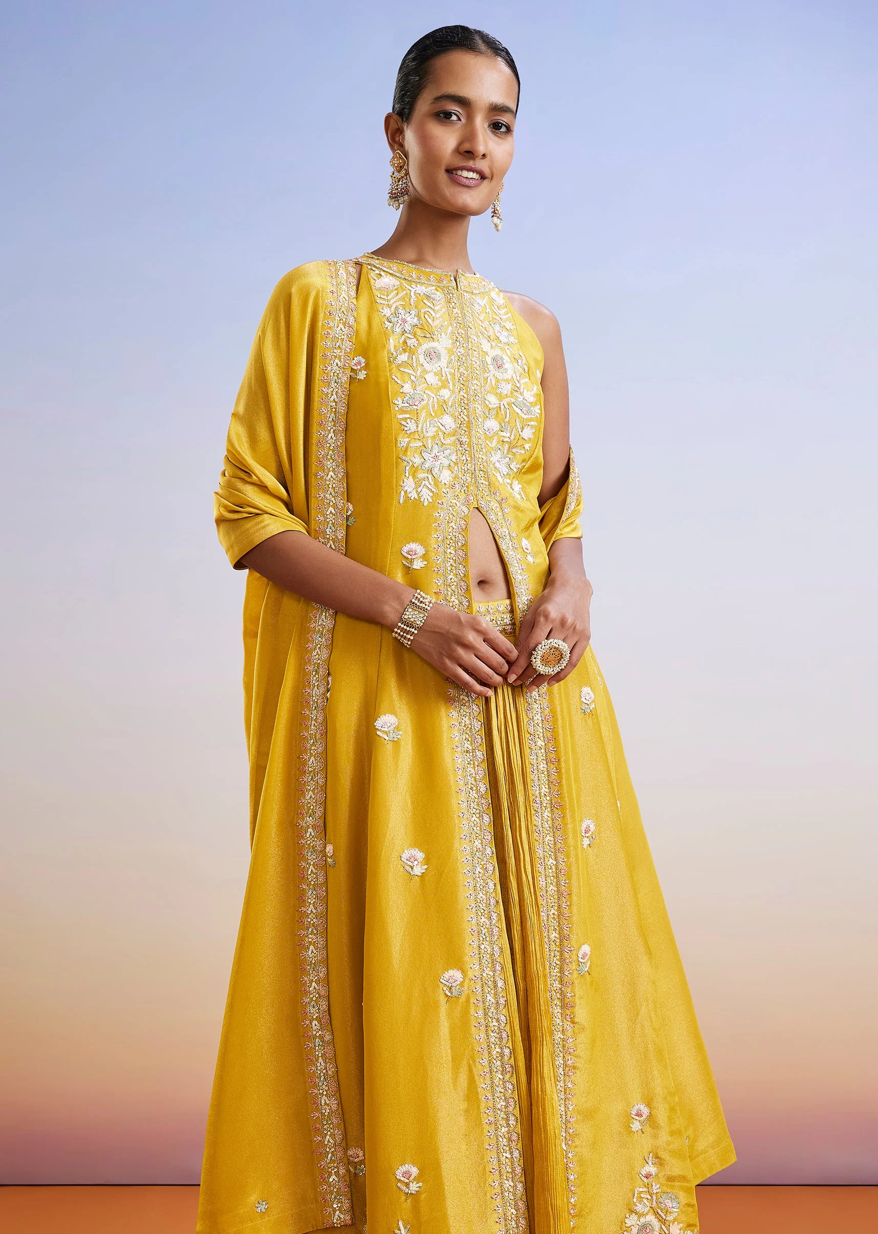 Yellow Sequins Embroidered Front Slit Anarkali Suit With Dupatta - Image 4