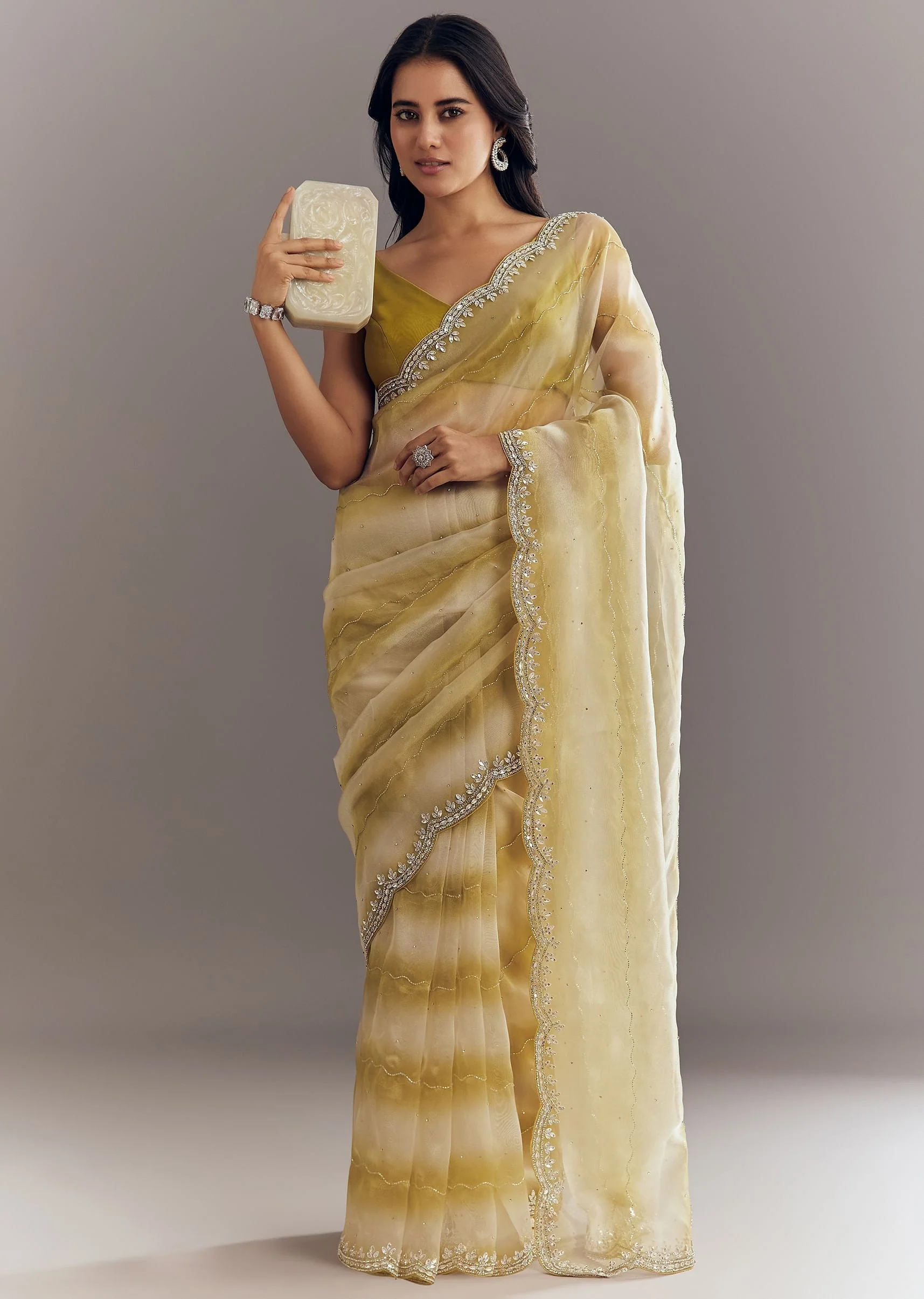 Yellow Shaded Glass Tissue Saree With Cutdana Embroidery And Scallop Border - Image 3