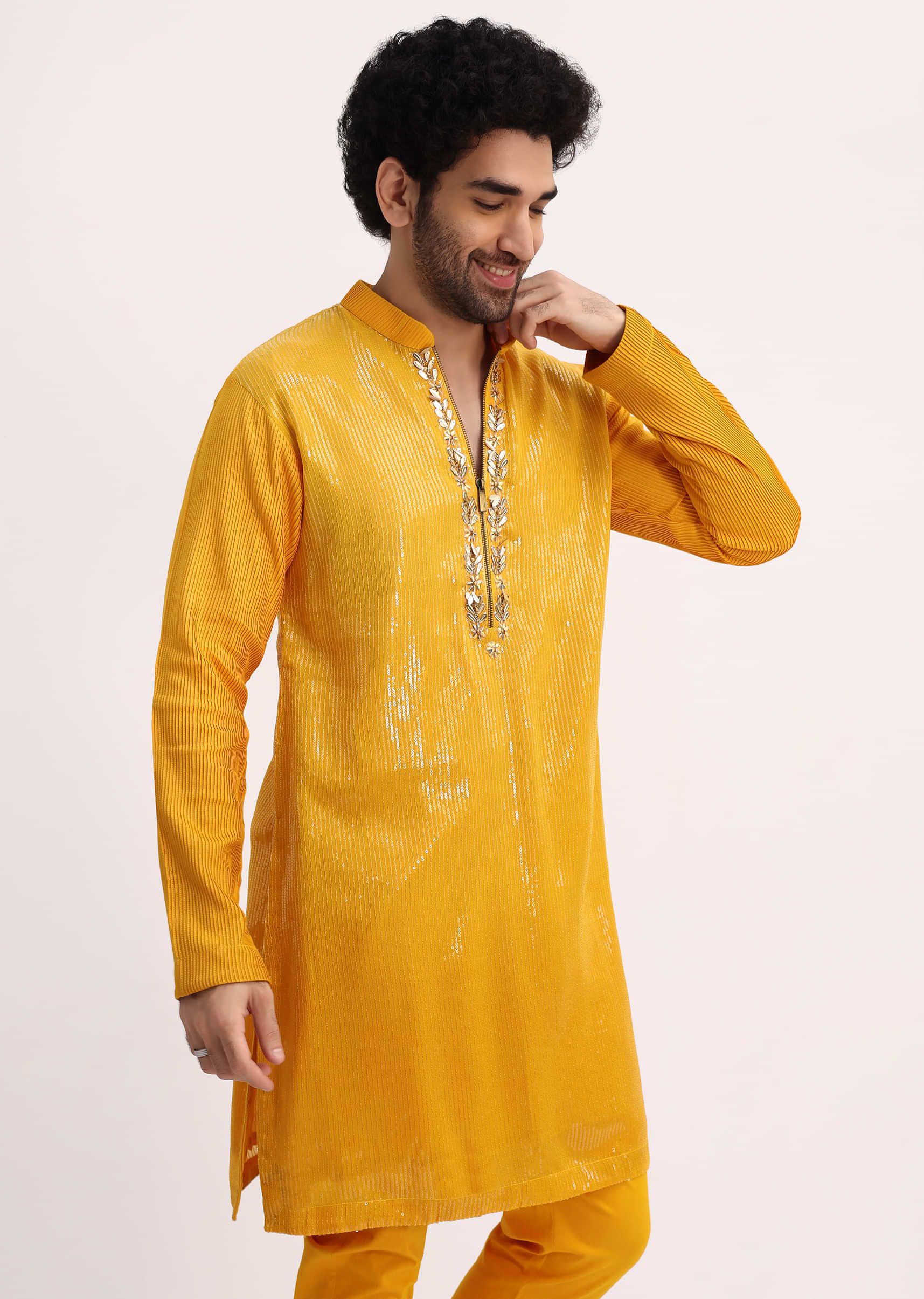 Yellow Shaded Sequin Zipper Kurta With Yellow Pants - Image 3