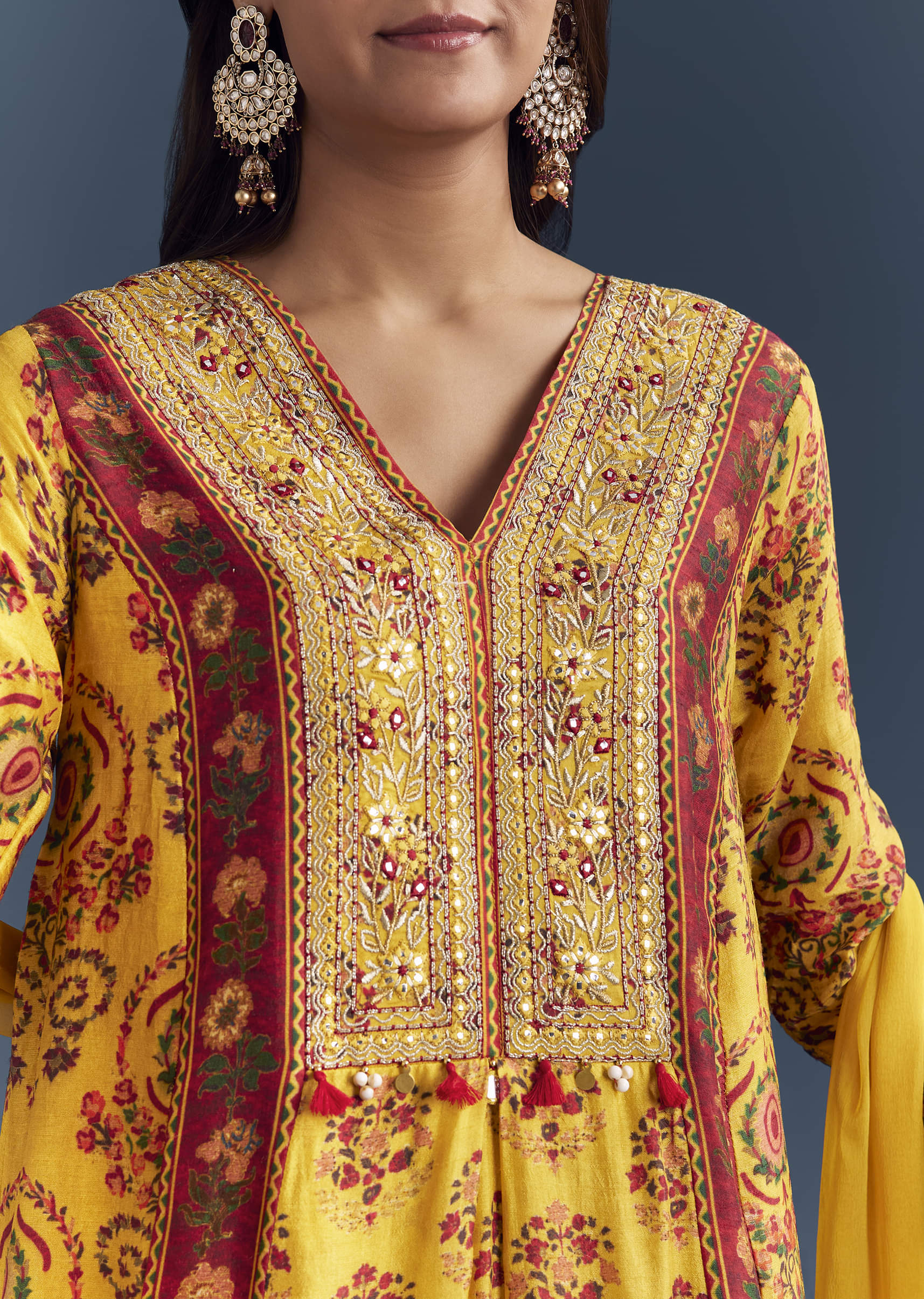 Yellow Silk Anarkali Suit With Floral Print And Zari Embroidery - Image 2