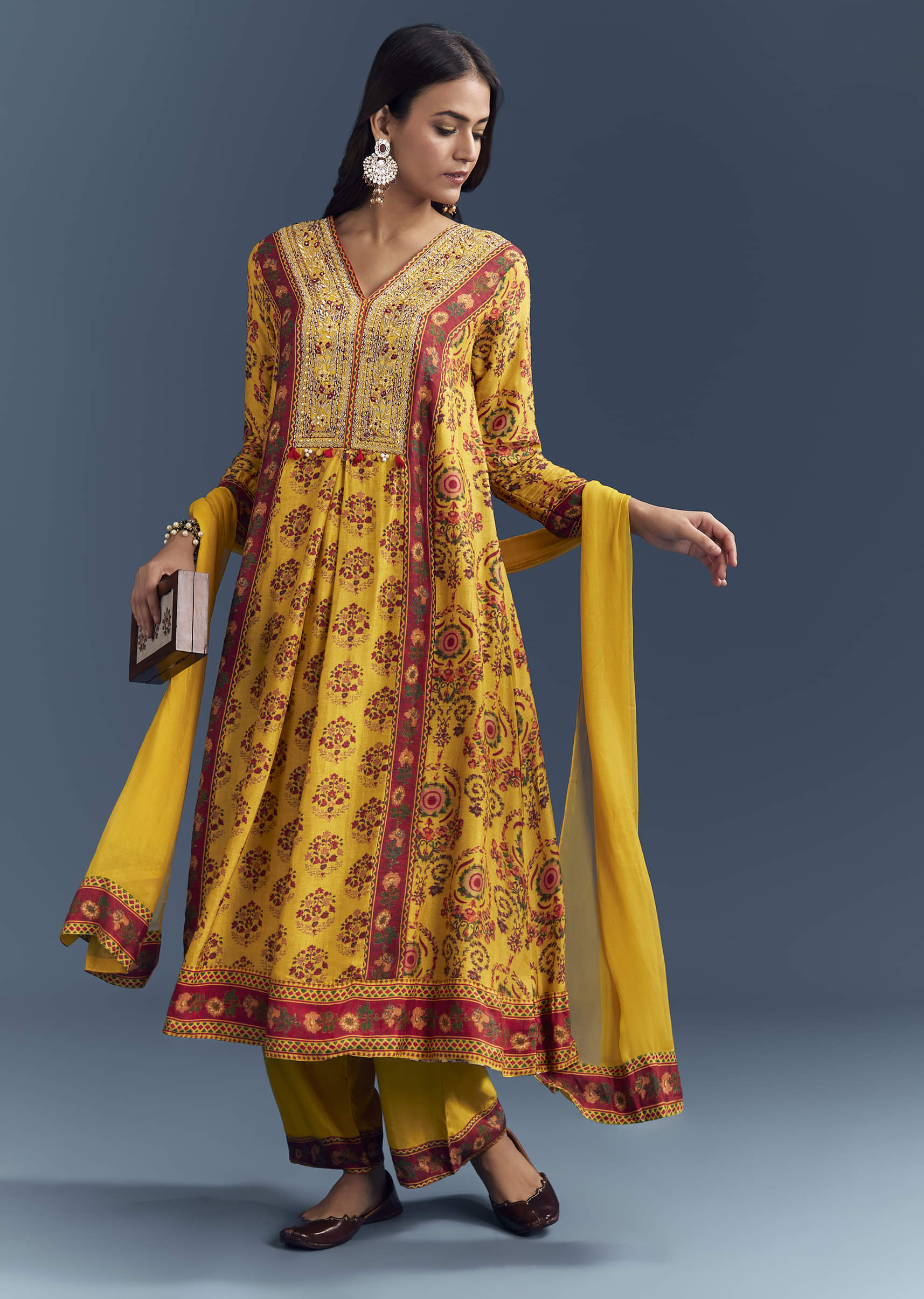 Yellow Silk Anarkali Suit With Floral Print And Zari Embroidery - Image 3