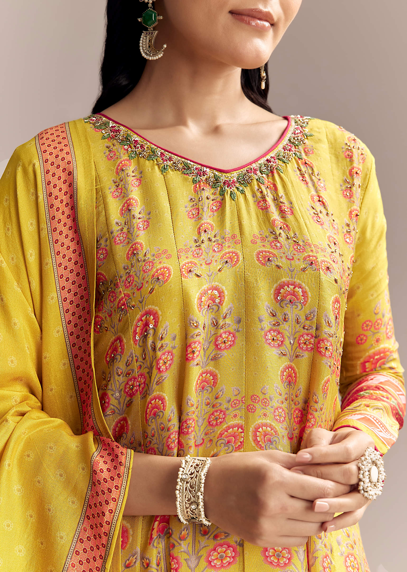 Yellow Silk Anarkali Suit With Multicolour Print - Image 3