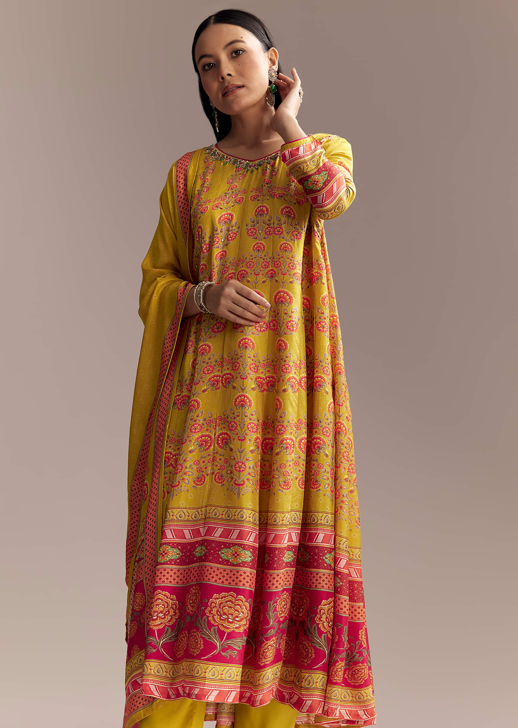 Yellow Silk Anarkali Suit With Multicolour Print - Image 4