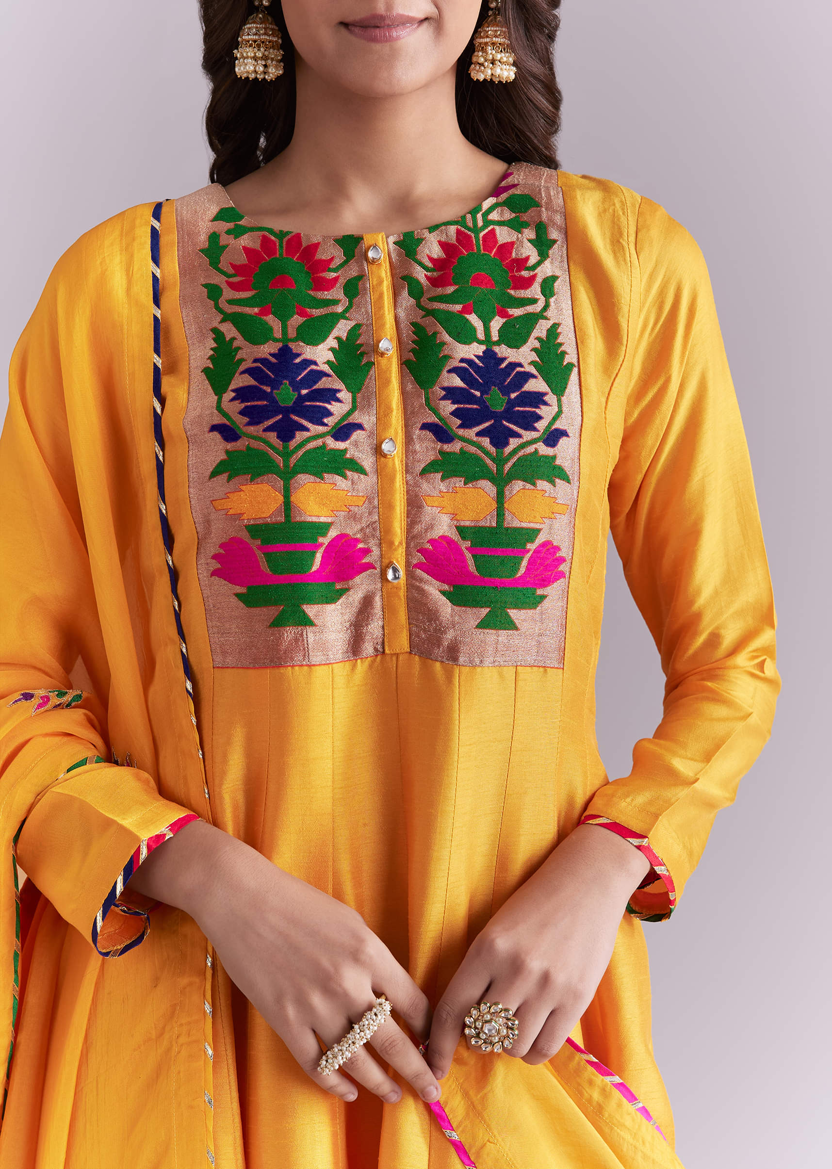 Yellow Silk Anarkali Suit With Pathani Patch Work - Image 2
