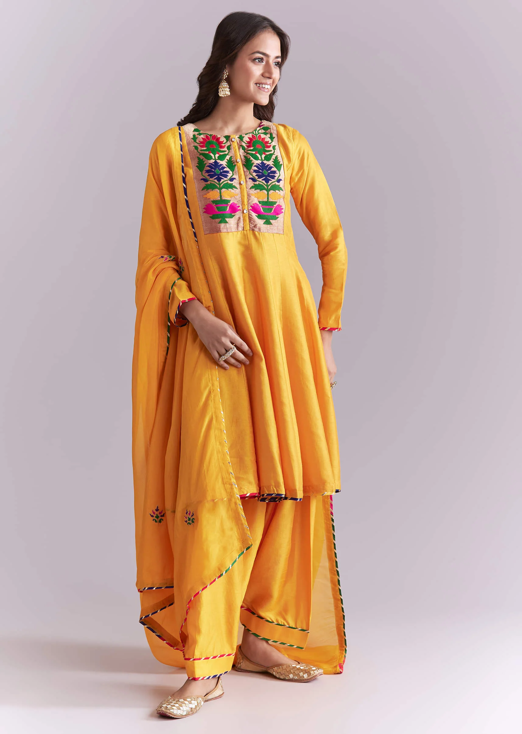 Yellow Silk Anarkali Suit With Pathani Patch Work - Image 3