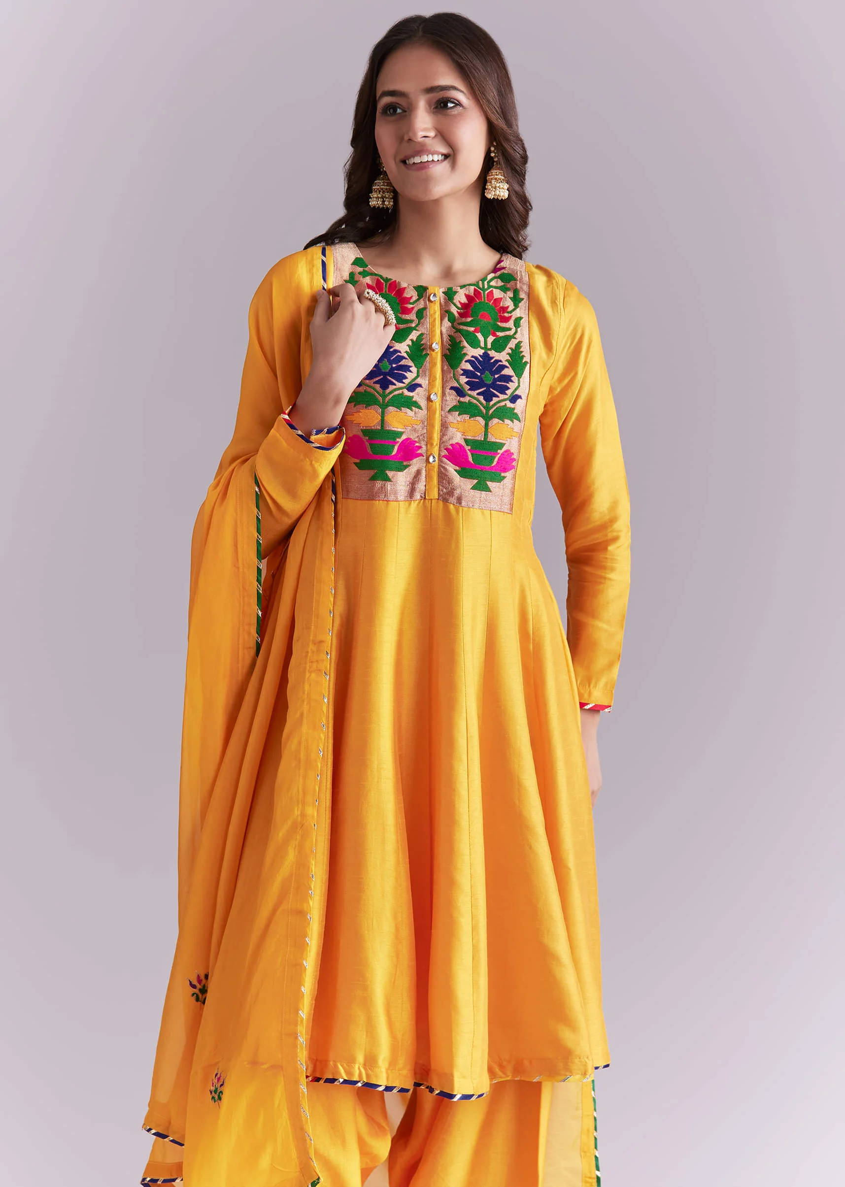 Yellow Silk Anarkali Suit With Pathani Patch Work - Image 4